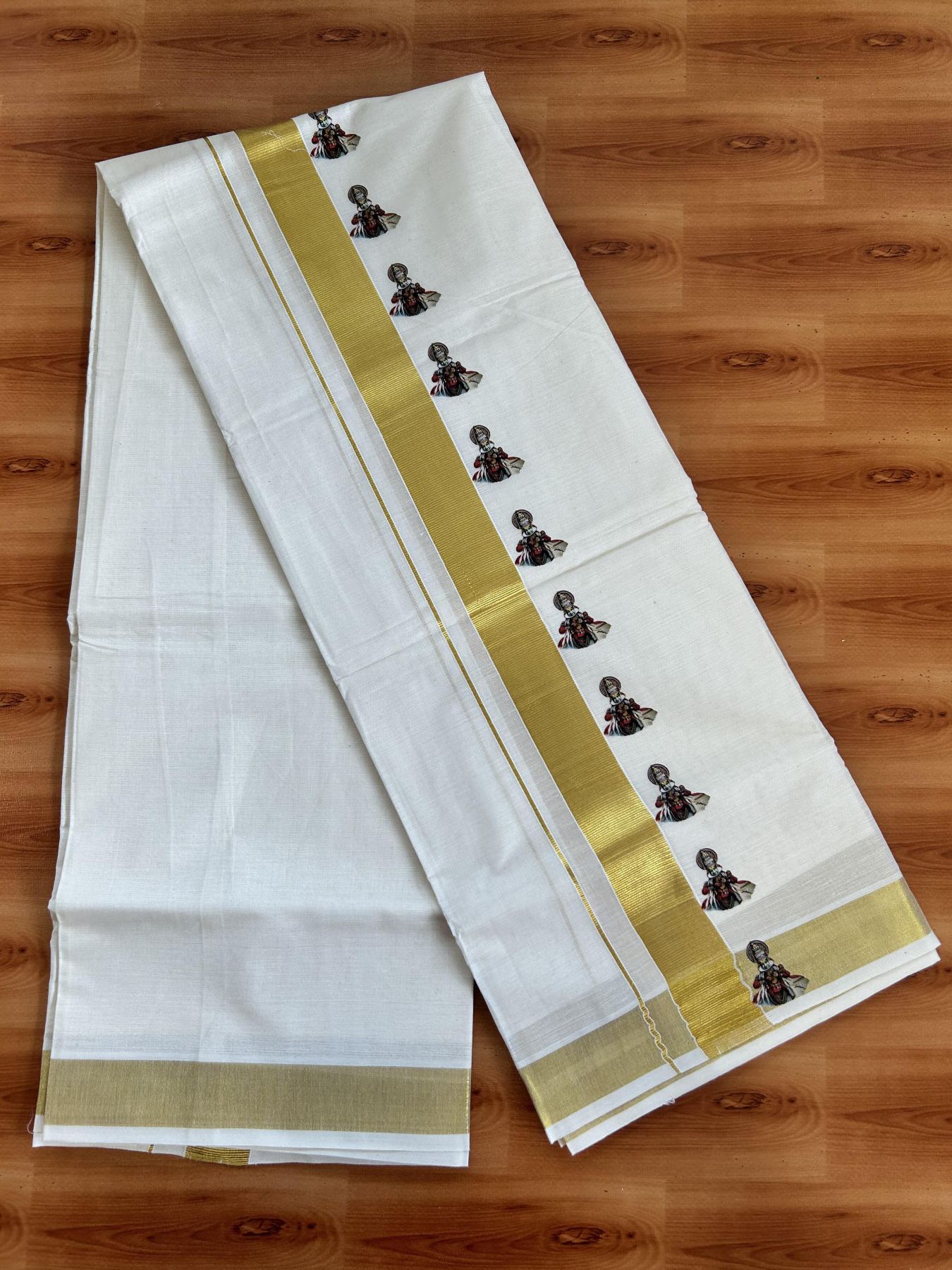 Double Off White - (Unbleached) Mundu/Dhoti- 20% Discount!! KaithariKada Balaramapuram 100% Cotton (60s) - 1.25 inch Gold Kasav Kathakali Printed Kara - 7 KK5415 GAN