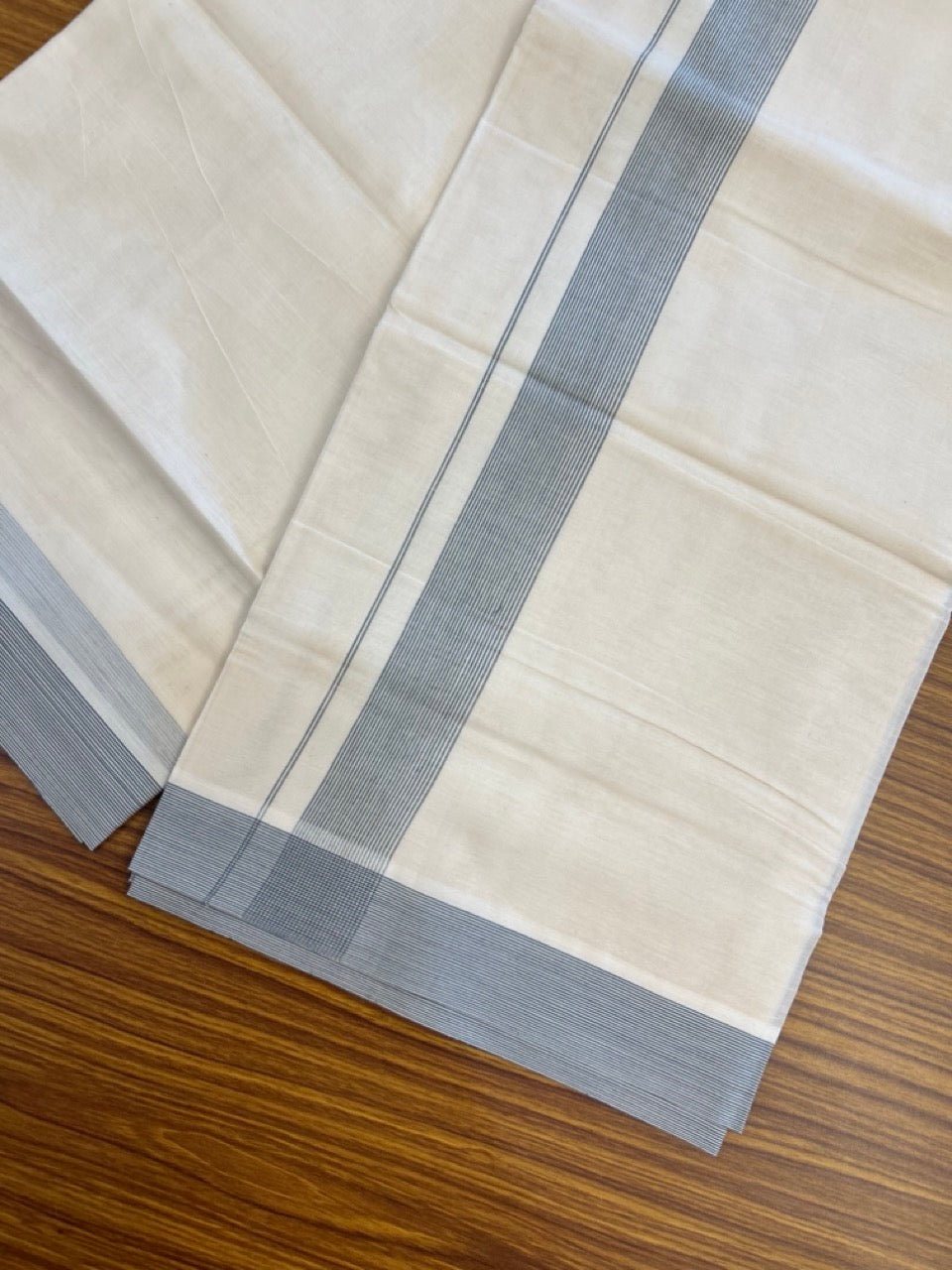 20% Discount ! KaithariKada Balaramapuram 100% Cotton Double OFF WHITE - (Unbleached) - Mundu / Dhoti- 100x80 -  1.5 inch Ash blue shaded striped kara - 7 KK5280 VIN
