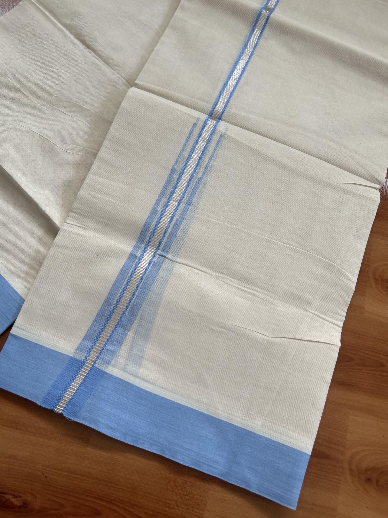 20% Discount ! KaithariKada Balaramapuram 100% Cotton Double Off White - (Unbleached) - Mundu / Dhoti- 100x80 - 1.25 Inch Silver Kasav & Light Blue Puliyilakkara chutty - 74 KK5382 VIN