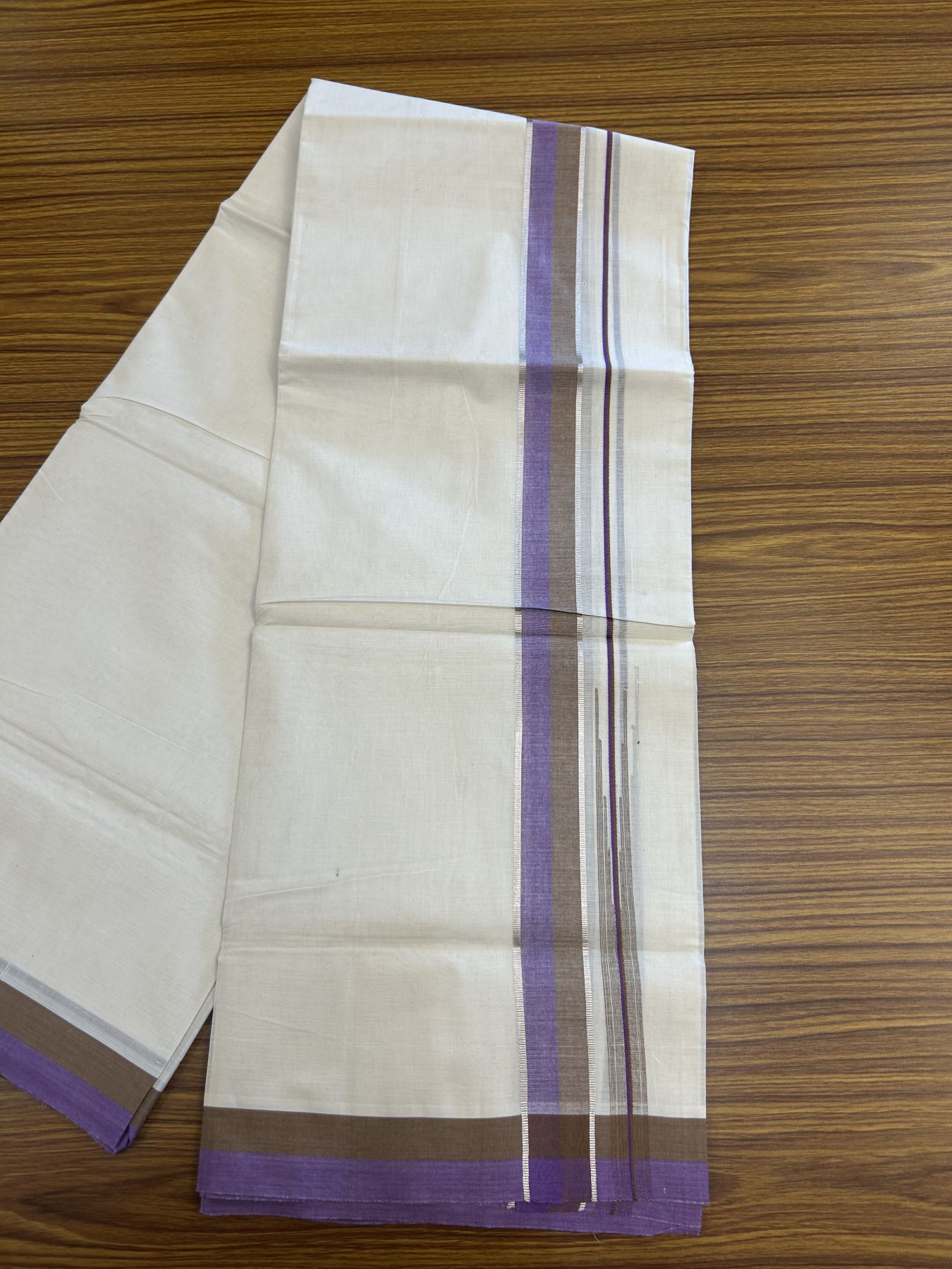 20% Discount ! Kaitharikada Balaramapuram 100% Pure Cotton Double Off white (Unbleached) Mundu/Dhoti - 100x80 - 1.5 inch Silver Kasav Peanut Brown & Violet Shaded Stripes Chutty Kara 3.90 mtr (8 muzham) - 45 KK5313 PMC