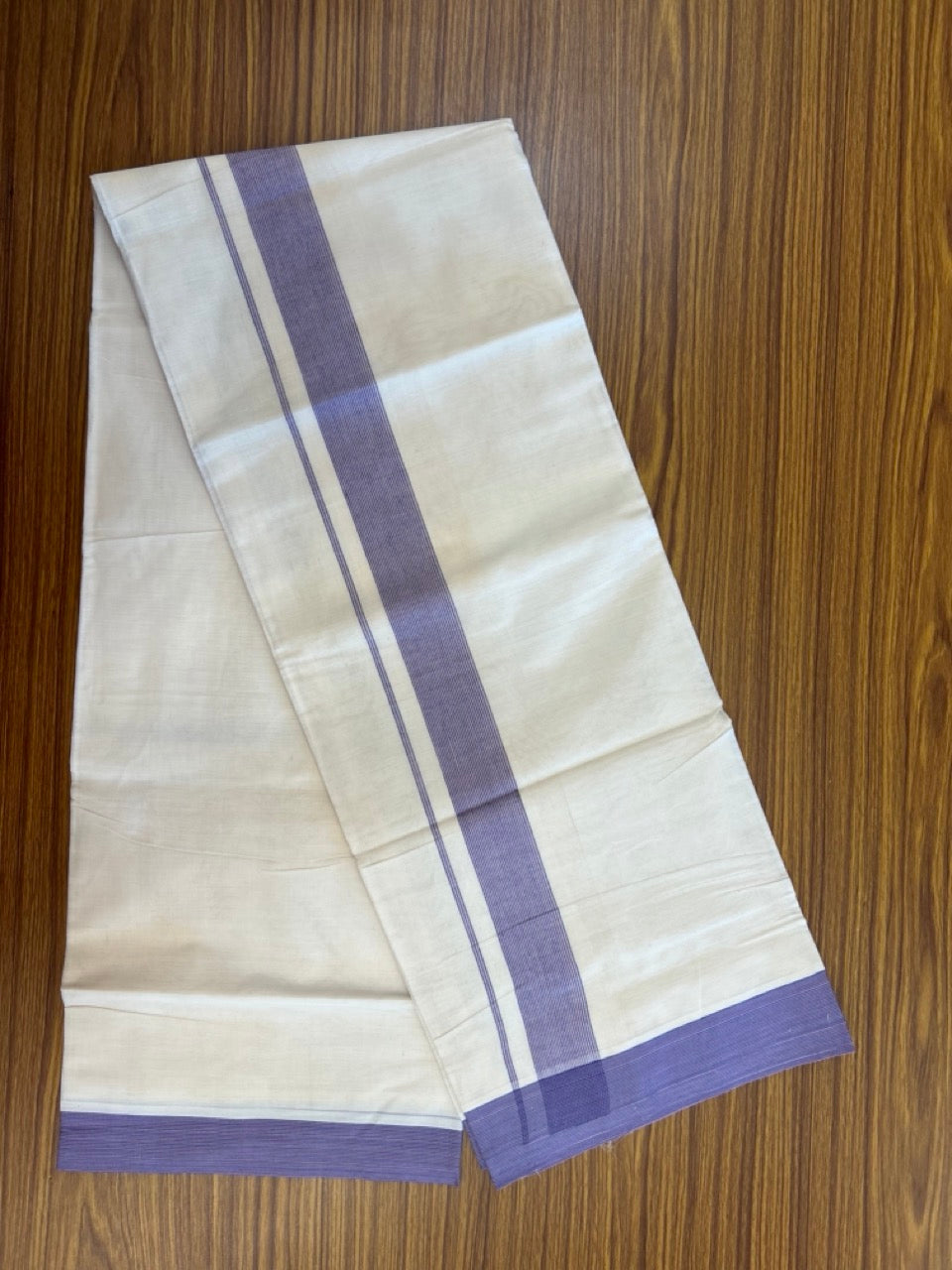 20% Discount ! KaithariKada Balaramapuram 100% Cotton Double OFF WHITE - (Unbleached) - Mundu / Dhoti- 100x80 -  1.5 inch Violet & Pastel pink shaded striped kara - 8 KK5280 VIN