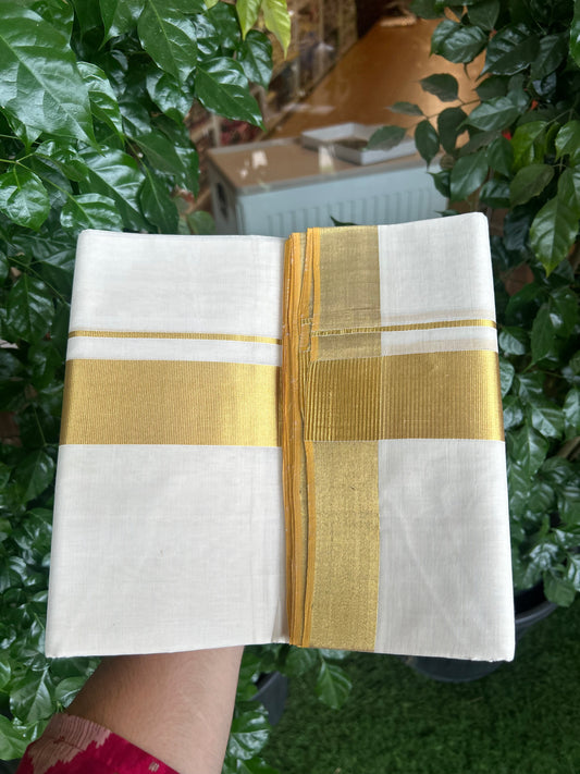 25% Discount ! KaithariKada Handloom Unakkupaav Kerala Handloom - 100% Pure Cotton Off White - (Unbleached) Double Mundu/Dhoti - 2.25 inch Gold Kasav Kara 4 M (8.5 muzham) - 10 KK5370 ABH