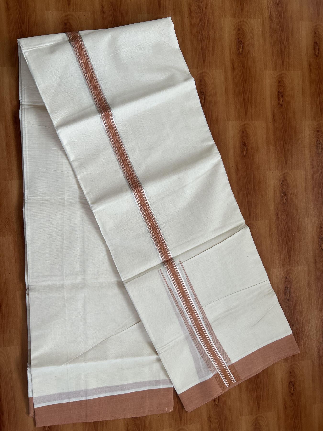 20% Discount ! KaithariKada Balaramapuram 100% Cotton Double Off White - (Unbleached) - Mundu / Dhoti- 100x80 - 1.25 Inch Silver Kasav & Orange Puliyilakkara chutty - 67 KK5382 VIN