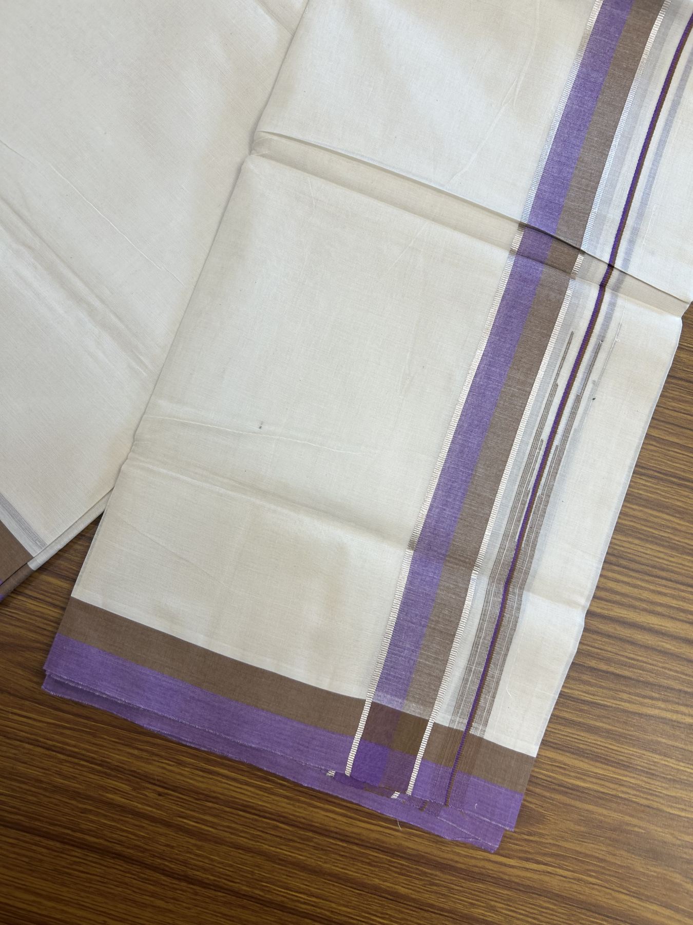 20% Discount ! Kaitharikada Balaramapuram 100% Pure Cotton Double Off white (Unbleached) Mundu/Dhoti - 100x80 - 1.5 inch Silver Kasav Peanut Brown & Violet Shaded Stripes Chutty Kara 3.90 mtr (8 muzham) - 45 KK5313 PMC