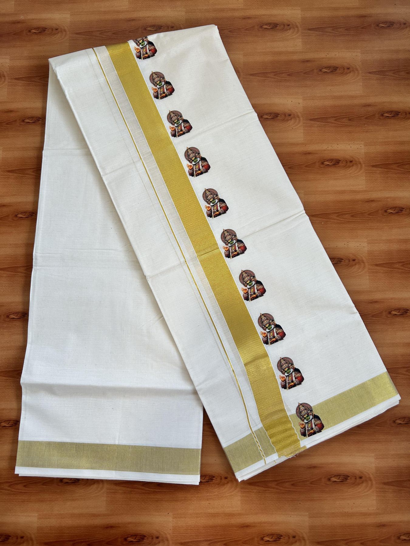 Double Off White - (Unbleached) Mundu/Dhoti- 20% Discount!! KaithariKada Balaramapuram 100% Cotton (60s) - 1.25 inch Gold Kasav Kathakali Printed Kara - 8 KK5415 GAN