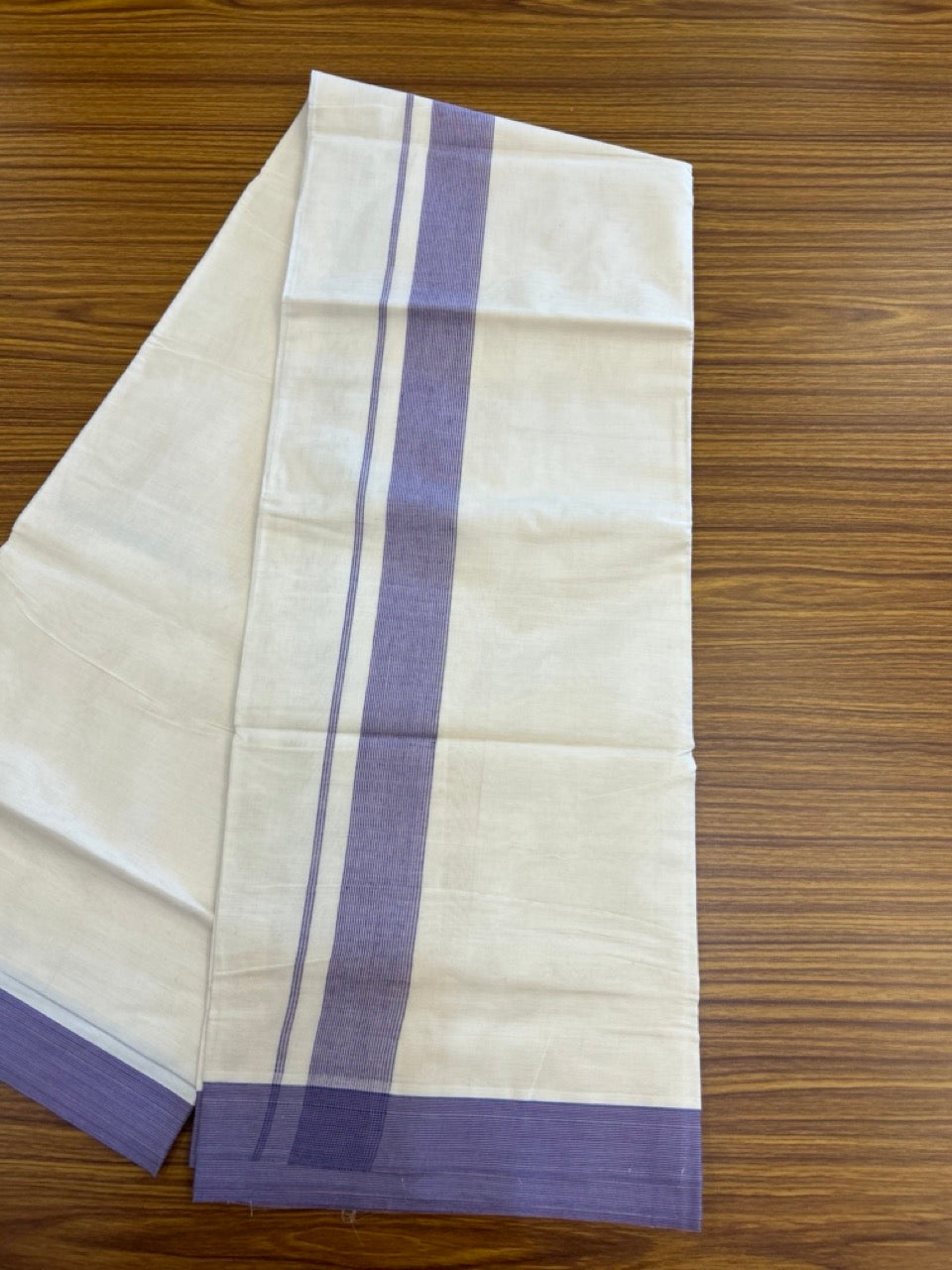 20% Discount ! KaithariKada Balaramapuram 100% Cotton Double OFF WHITE - (Unbleached) - Mundu / Dhoti- 100x80 -  1.5 inch Violet & Pastel pink shaded striped kara - 8 KK5280 VIN