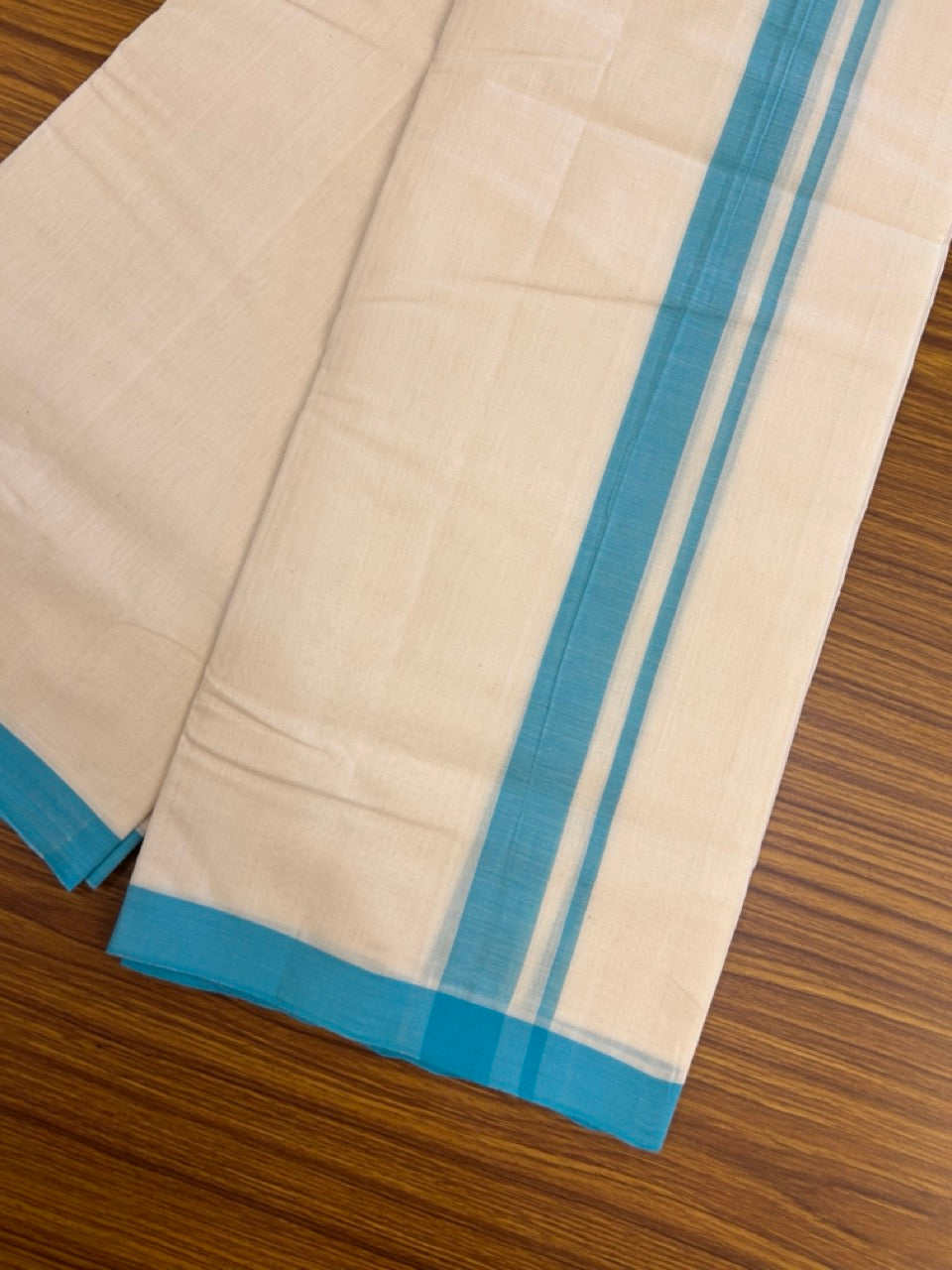 25% Discount! KaithariKada Handloom Millpaav Balaramapuram - Cotton Double Mundu/Dhoti Off white (Unbleached) - 80x90 - 1.25 inch Turquoise Blue Mulloth Kara 3.60 meter (8 Muzham) - 41 KK5256 RAM