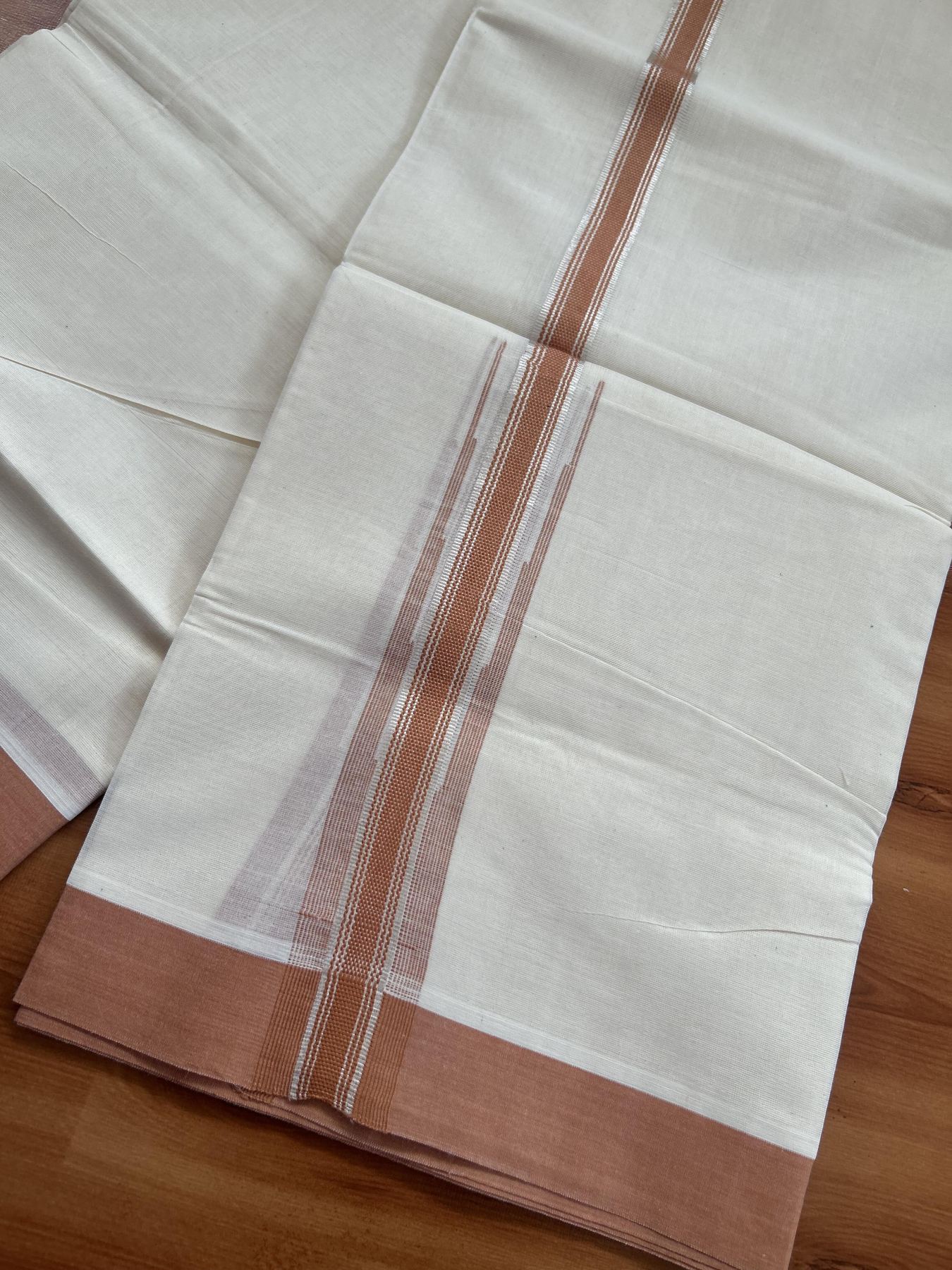 20% Discount ! KaithariKada Balaramapuram 100% Cotton Double Off White - (Unbleached) - Mundu / Dhoti- 100x80 - 1.25 Inch Silver Kasav & Orange Puliyilakkara chutty - 67 KK5382 VIN