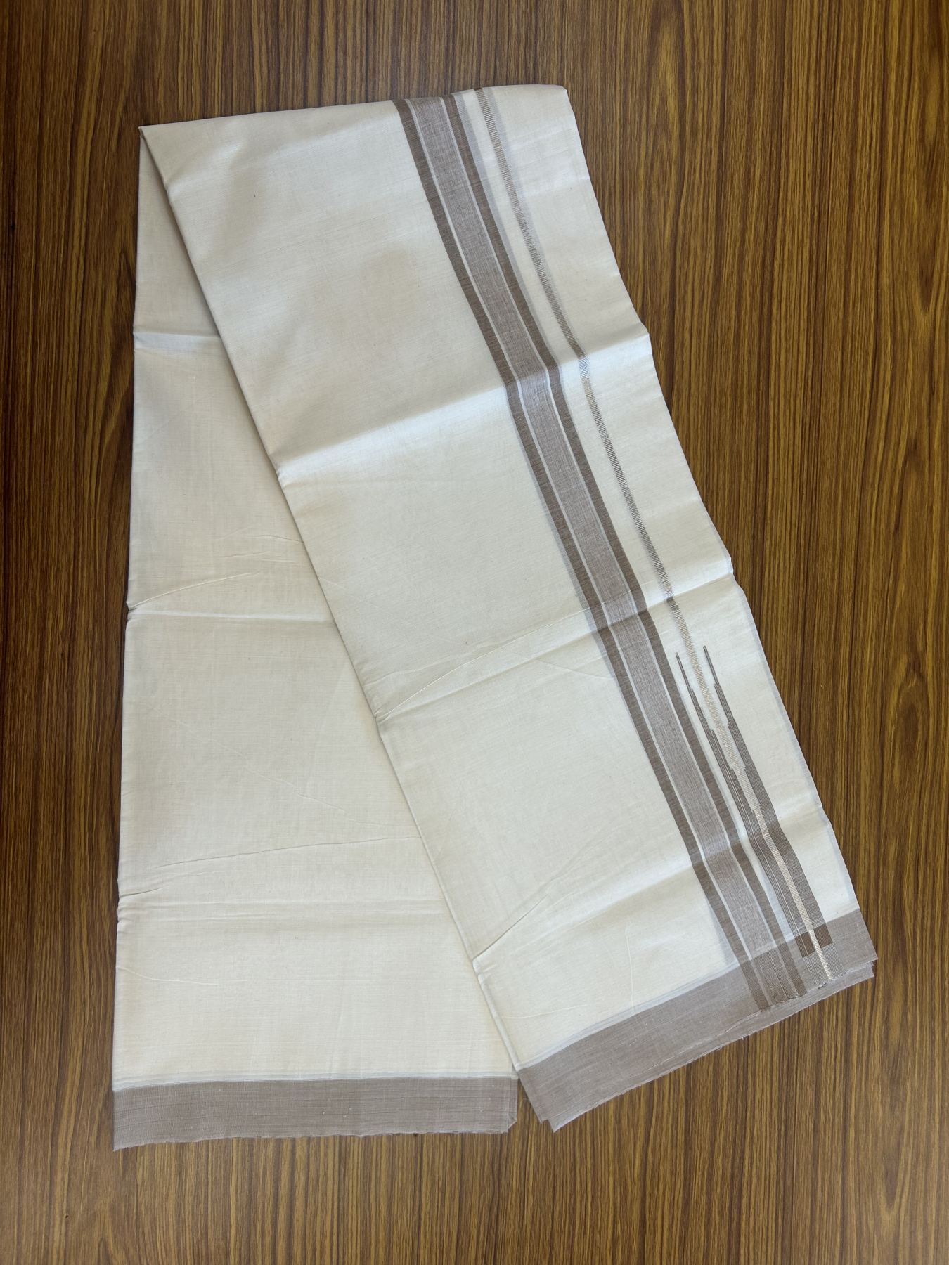 20% Discount ! Kaitharikada Balaramapuram 100% Pure Cotton Double Off white (Unbleached) Mundu/Dhoti - 100x80 - 1.5 inch Silver Kasav & Peanut Brown Shaded Stripes Chutty Kara 3.90 mtr (8 muzham) - 46 KK5313 PMC