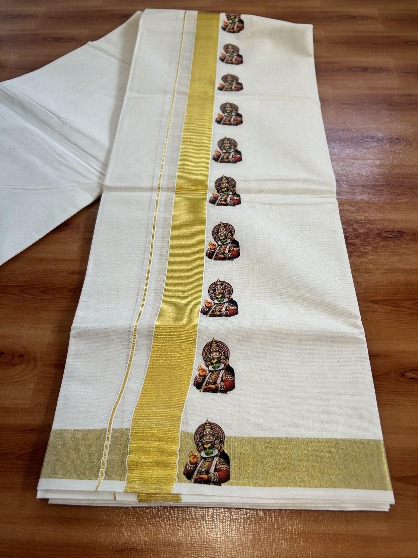 Double Off White - (Unbleached) Mundu/Dhoti- 20% Discount!! KaithariKada Balaramapuram 100% Cotton (60s) - 1.25 inch Gold Kasav Kathakali Printed Kara - 8 KK5415 GAN