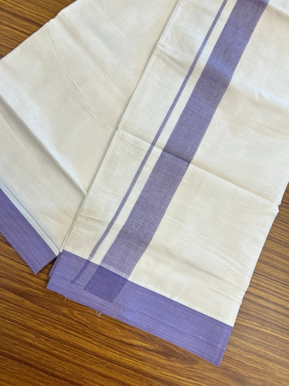 20% Discount ! KaithariKada Balaramapuram 100% Cotton Double OFF WHITE - (Unbleached) - Mundu / Dhoti- 100x80 -  1.5 inch Violet & Pastel pink shaded striped kara - 8 KK5280 VIN