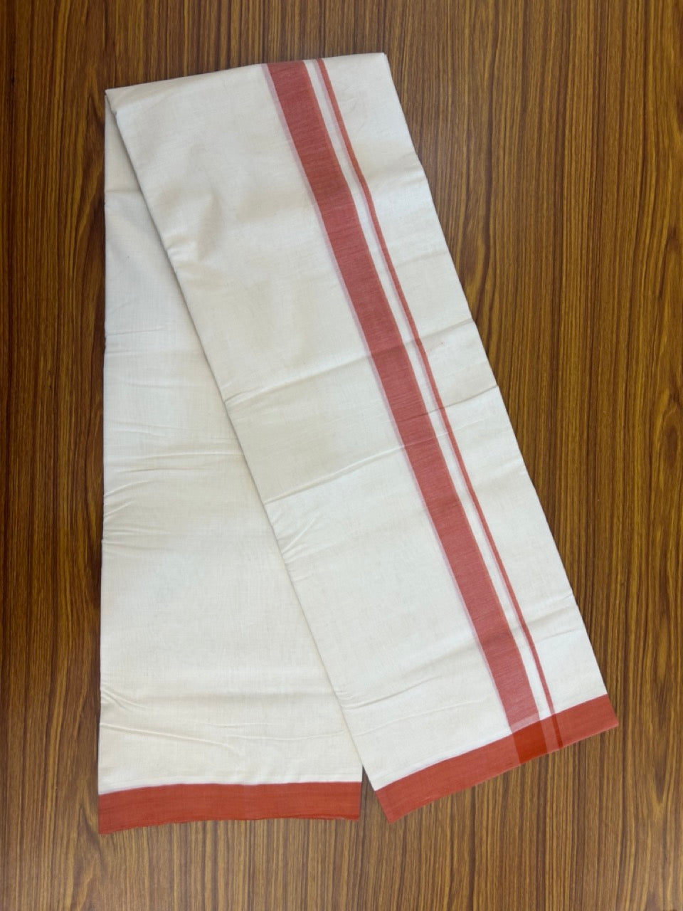 25% Discount! KaithariKada Handloom Millpaav Balaramapuram - Cotton Double Mundu/Dhoti Off white (Unbleached) - 80x90 - 1.25 inch Brick Orange Mulloth Kara 3.60 meter (8 Muzham) - 49 KK5256 RAM