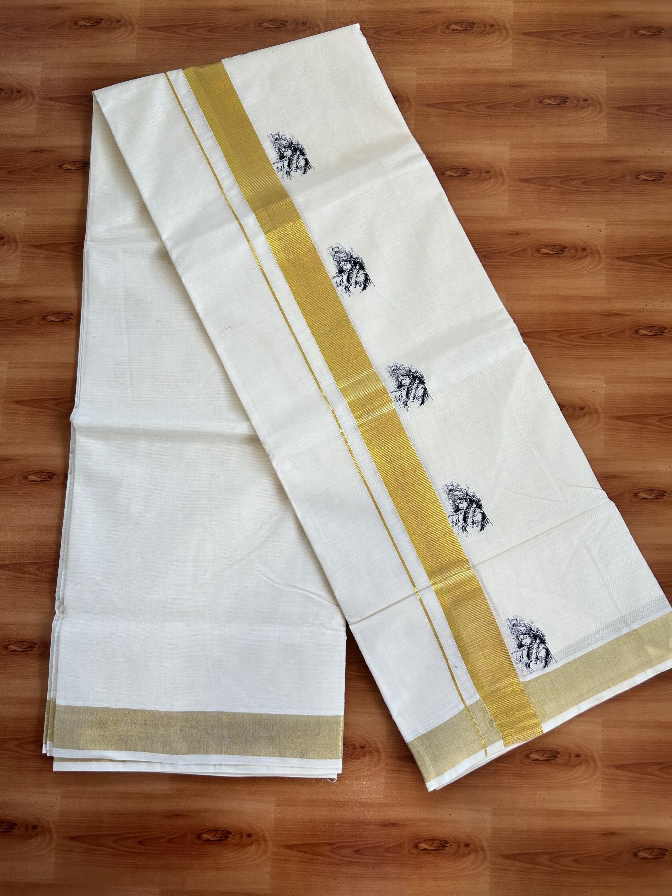Double Off White - (Unbleached) Mundu/Dhoti- 20% Discount!! KaithariKada Balaramapuram 100% Cotton (60s) - 1.25 inch Gold Kasav Lord Krishna Printed Kara - 9 KK5415 GAN
