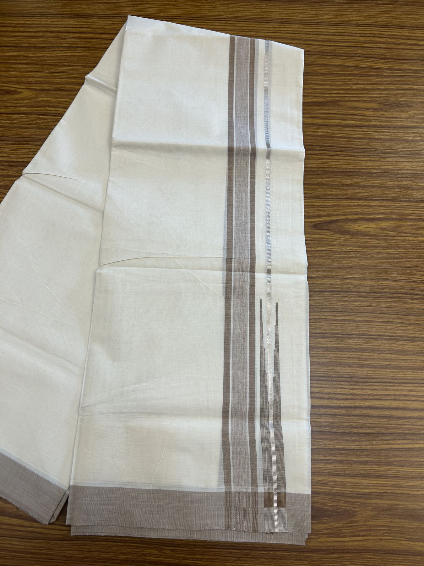 20% Discount ! Kaitharikada Balaramapuram 100% Pure Cotton Double Off white (Unbleached) Mundu/Dhoti - 100x80 - 1.5 inch Silver Kasav & Peanut Brown Shaded Stripes Chutty Kara 3.90 mtr (8 muzham) - 46 KK5313 PMC