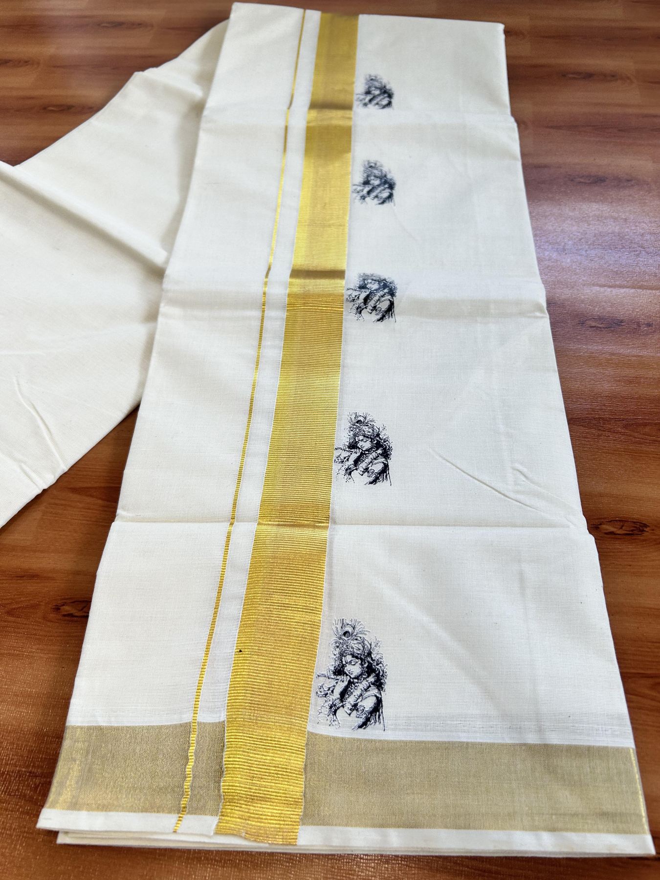 Double Off White - (Unbleached) Mundu/Dhoti- 20% Discount!! KaithariKada Balaramapuram 100% Cotton (60s) - 1.25 inch Gold Kasav Lord Krishna Printed Kara - 9 KK5415 GAN