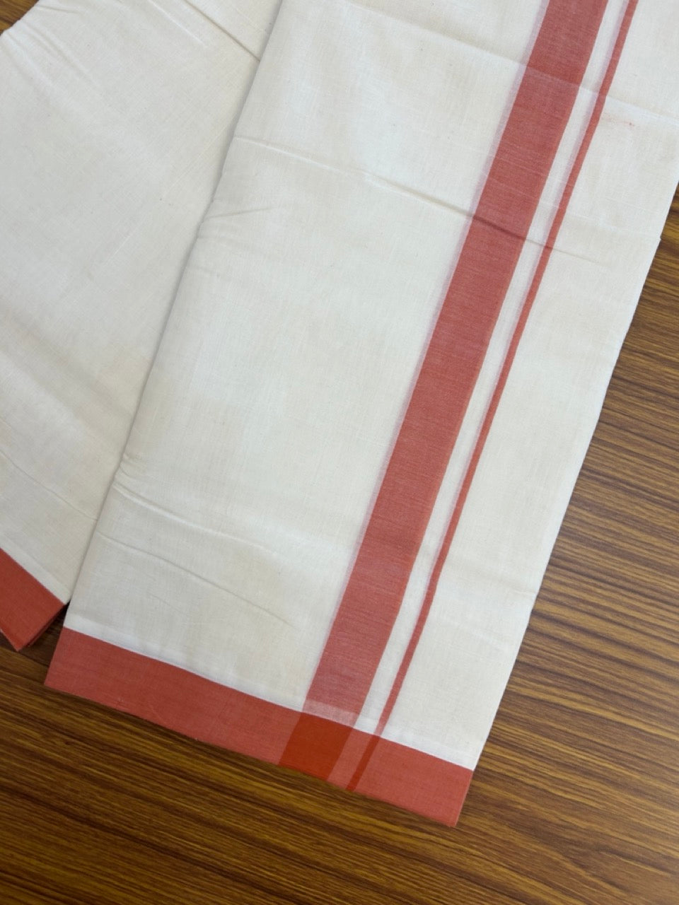 25% Discount! KaithariKada Handloom Millpaav Balaramapuram - Cotton Double Mundu/Dhoti Off white (Unbleached) - 80x90 - 1.25 inch Brick Orange Mulloth Kara 3.60 meter (8 Muzham) - 49 KK5256 RAM