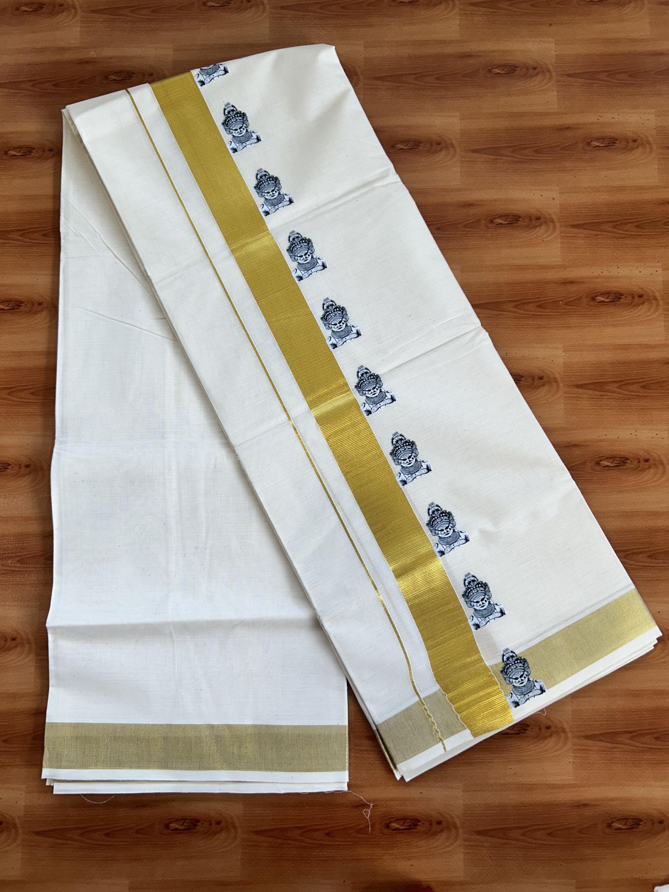 Double Off White - (Unbleached) Mundu/Dhoti- 20% Discount!! KaithariKada Balaramapuram 100% Cotton (60s) - 1.25 inch Gold Kasav Lord Muthappan Printed Kara - 10 KK5415 GAN