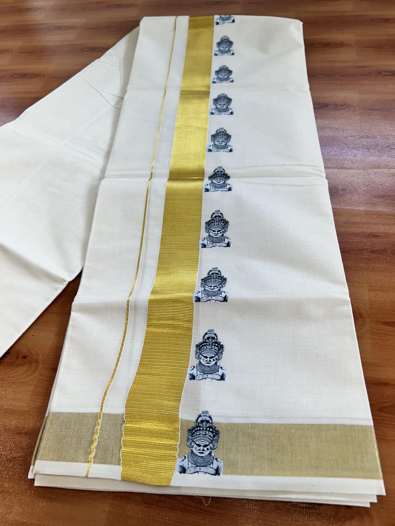 Double Off White - (Unbleached) Mundu/Dhoti- 20% Discount!! KaithariKada Balaramapuram 100% Cotton (60s) - 1.25 inch Gold Kasav Lord Muthappan Printed Kara - 10 KK5415 GAN