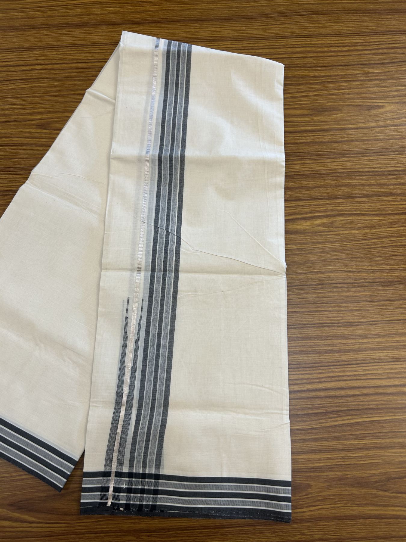20% Discount ! Kaitharikada Balaramapuram 100% Pure Cotton Double Off white (Unbleached) Mundu/Dhoti - 100x80 - 1.25 inch Silver Kasav & Black Shaded Stripes Chutty Kara 3.90 mtr (8 muzham) - 47 KK5313 PMC