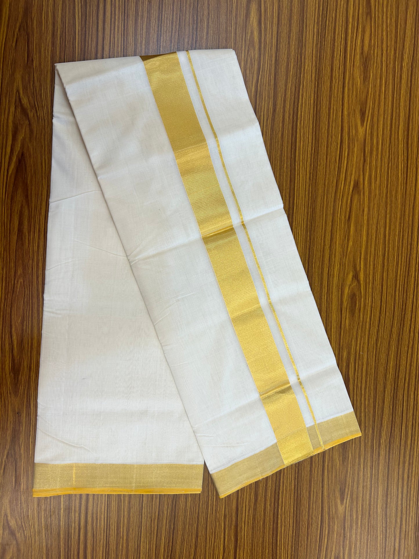 25% Discount ! KaithariKada Handloom Unakkupaav Kerala Handloom - 100% Pure Cotton Off White - (Unbleached) Double Mundu/Dhoti - 2 inch Gold Kasav Kara 4 M (8.5 muzham) - 10 KK5370 ABH