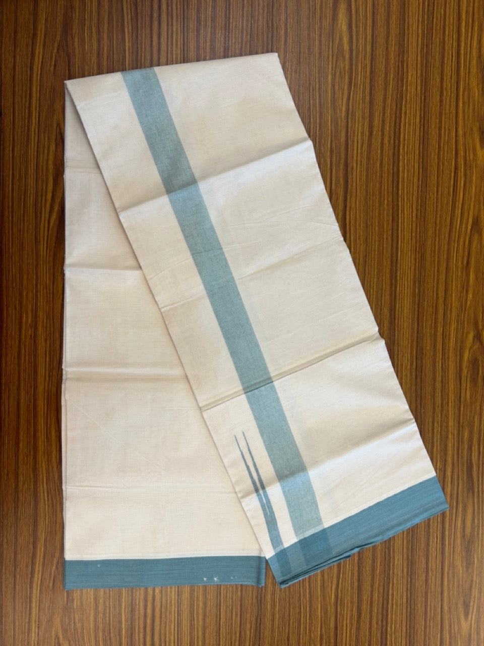20% Discount ! KaithariKada Balaramapuram 100% Cotton Double OFF WHITE - (Unbleached) - Mundu / Dhoti- 100x80 -  1.5 inch Teal Green shaded striped chutty - 19 KK5280 VIN