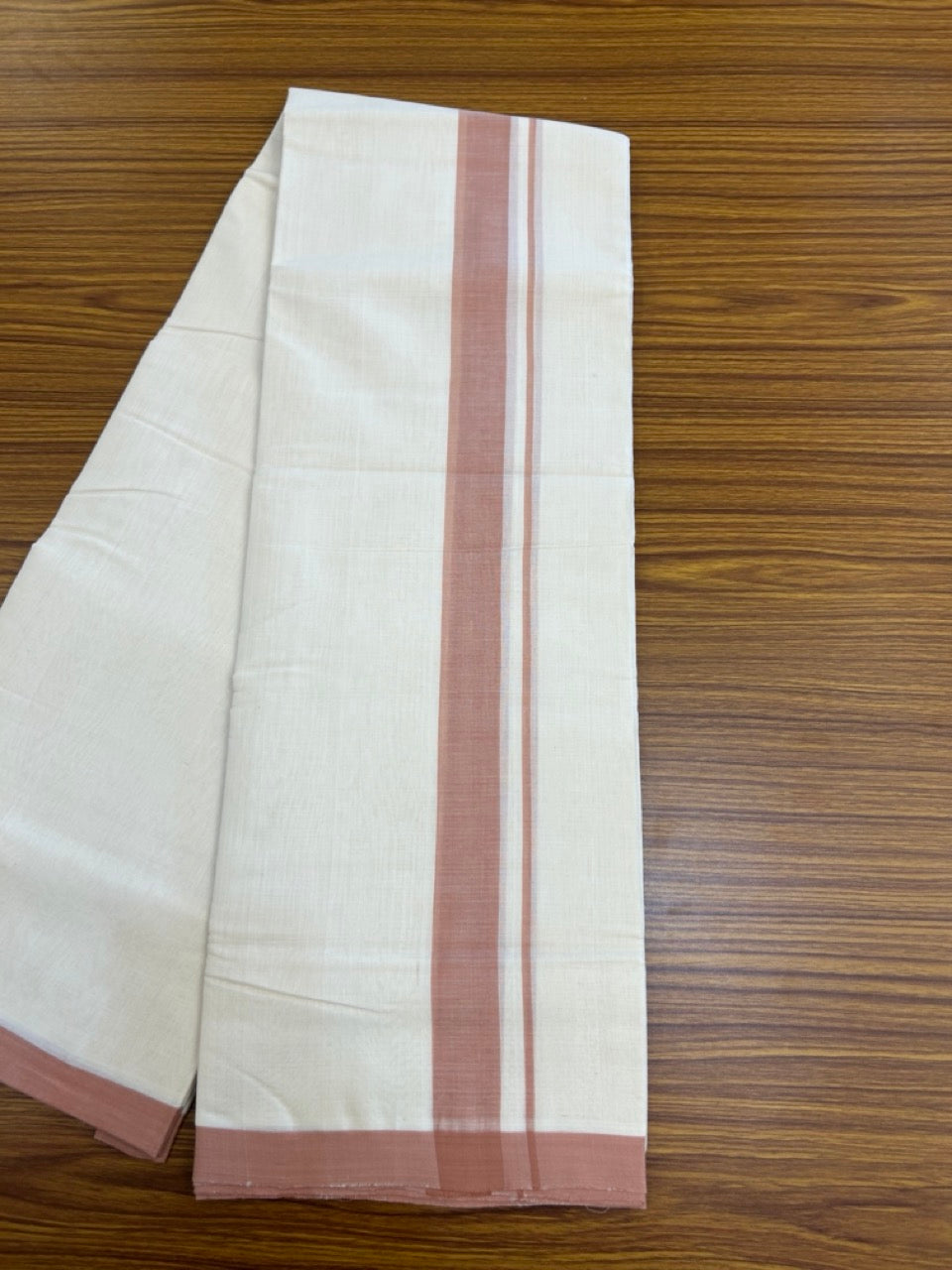 25% Discount! KaithariKada Handloom Millpaav Balaramapuram - Cotton Double Mundu/Dhoti Off white (Unbleached) - 80x90 - 1.25 inch Dusty Peach Mulloth Kara 3.60 meter (8 Muzham) - 51 KK5256 RAM