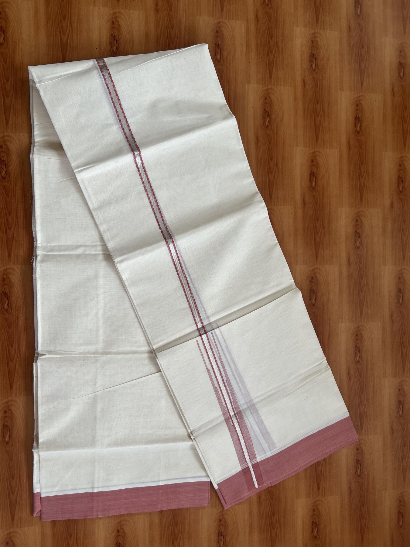 20% Discount ! KaithariKada Balaramapuram 100% Cotton Double Off White - (Unbleached) - Mundu / Dhoti- 100x80 - 1.25 Inch Silver Kasav & Reddish Peach Puliyilakkara chutty - 72 KK5382 VIN