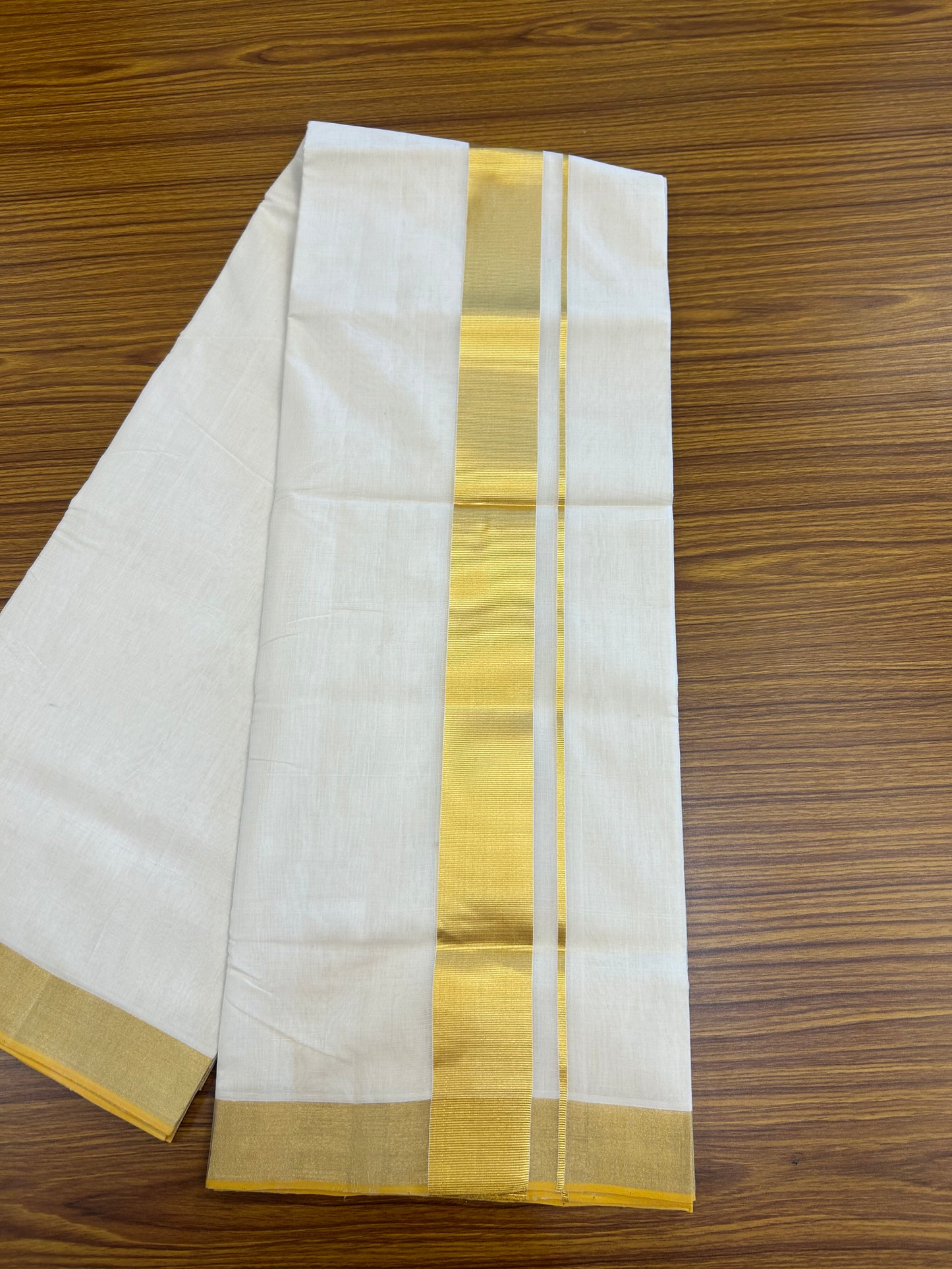 25% Discount ! KaithariKada Handloom Unakkupaav Kerala Handloom - 100% Pure Cotton Off White - (Unbleached) Double Mundu/Dhoti - 2 inch Gold Kasav Kara 4 M (8.5 muzham) - 10 KK5370 ABH