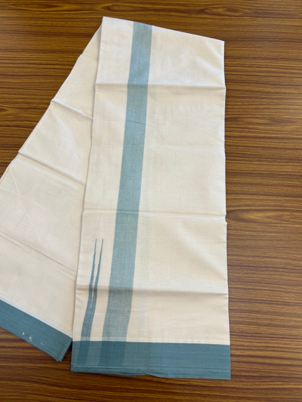 20% Discount ! KaithariKada Balaramapuram 100% Cotton Double OFF WHITE - (Unbleached) - Mundu / Dhoti- 100x80 -  1.5 inch Teal Green shaded striped chutty - 19 KK5280 VIN