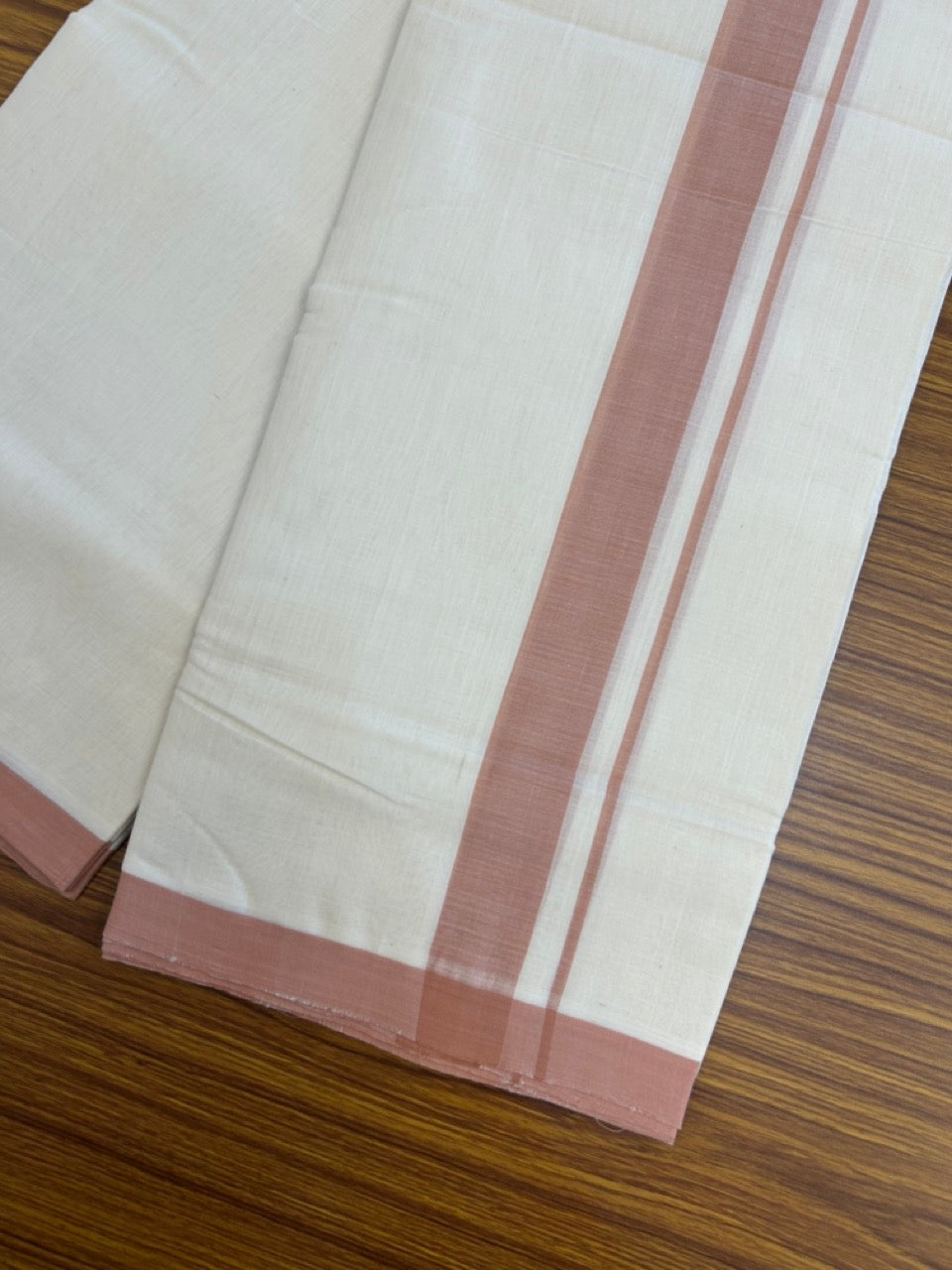 25% Discount! KaithariKada Handloom Millpaav Balaramapuram - Cotton Double Mundu/Dhoti Off white (Unbleached) - 80x90 - 1.25 inch Dusty Peach Mulloth Kara 3.60 meter (8 Muzham) - 51 KK5256 RAM