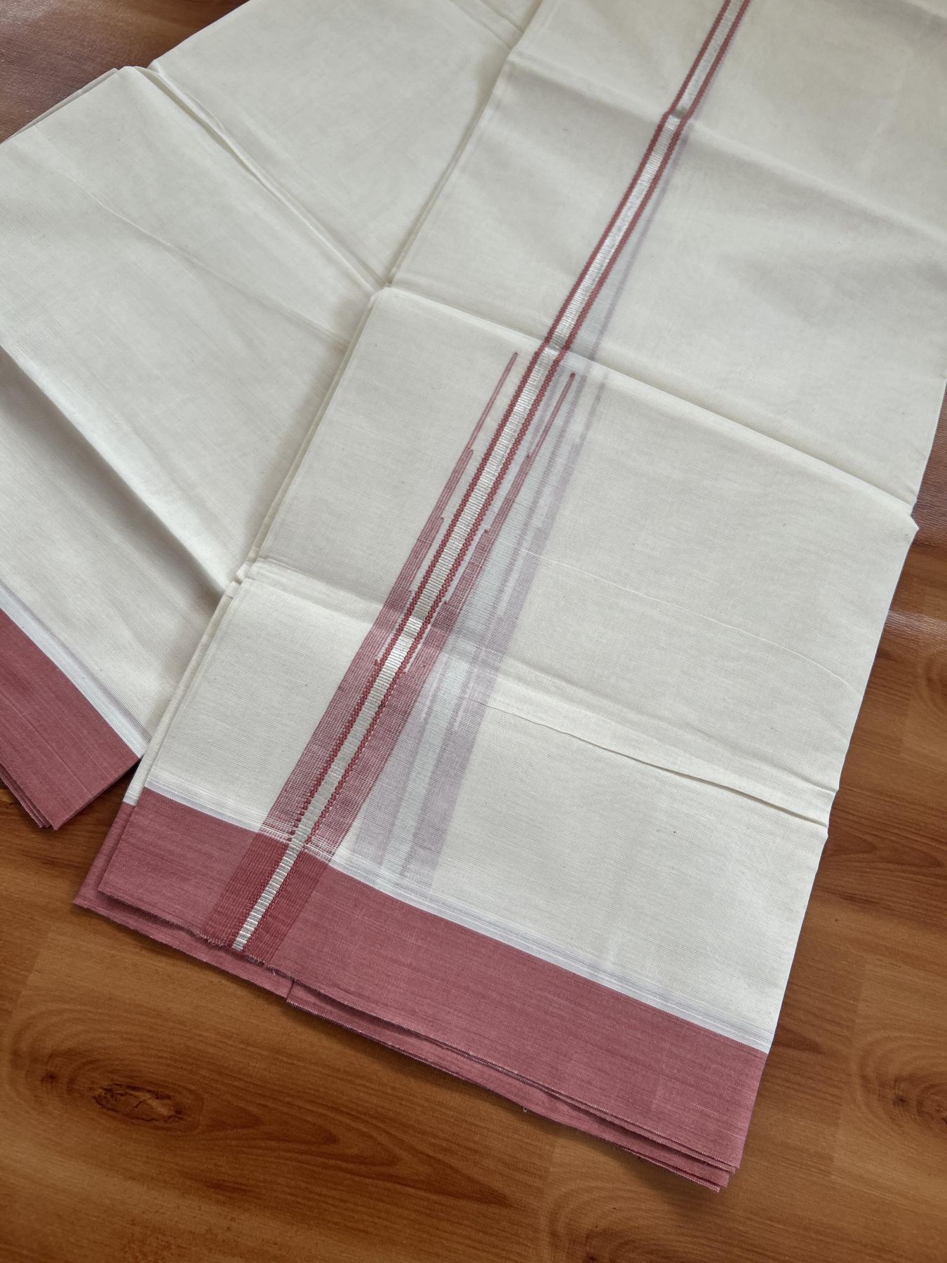 20% Discount ! KaithariKada Balaramapuram 100% Cotton Double Off White - (Unbleached) - Mundu / Dhoti- 100x80 - 1.25 Inch Silver Kasav & Reddish Peach Puliyilakkara chutty - 72 KK5382 VIN