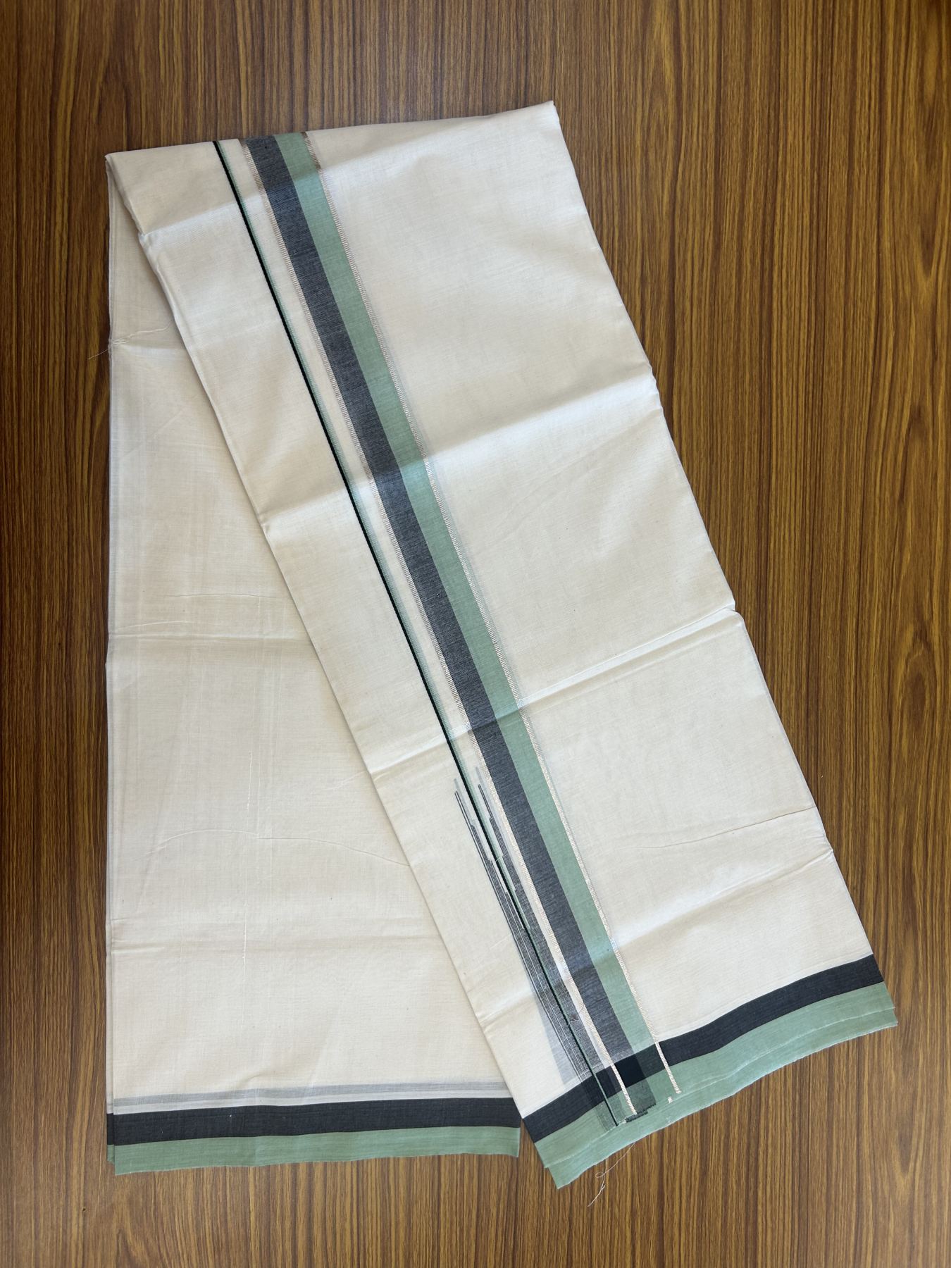20% Discount ! Kaitharikada Balaramapuram 100% Pure Cotton Double Off white (Unbleached) Mundu/Dhoti - 100x80 - 1.25 inch Silver Kasav Black & Pista Green Shaded Stripes Chutty Kara 3.90 mtr (8 muzham) - 48 KK5313 PMC