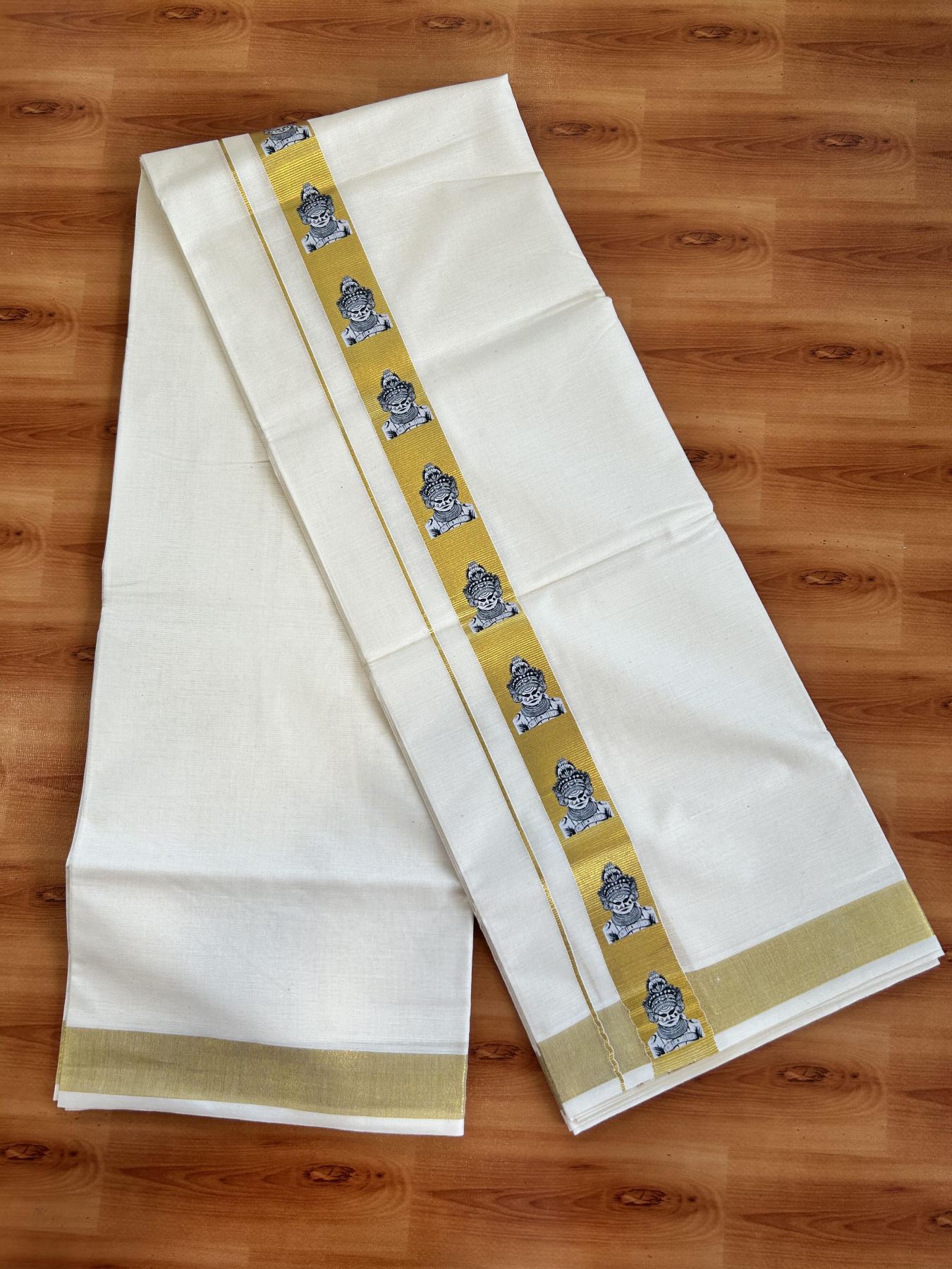 Double Off White - (Unbleached) Mundu/Dhoti- 20% Discount!! KaithariKada Balaramapuram 100% Cotton (60s) - 1.25 inch Gold Kasav Lord Muthappan Printed Kara - 11 KK5415 GAN