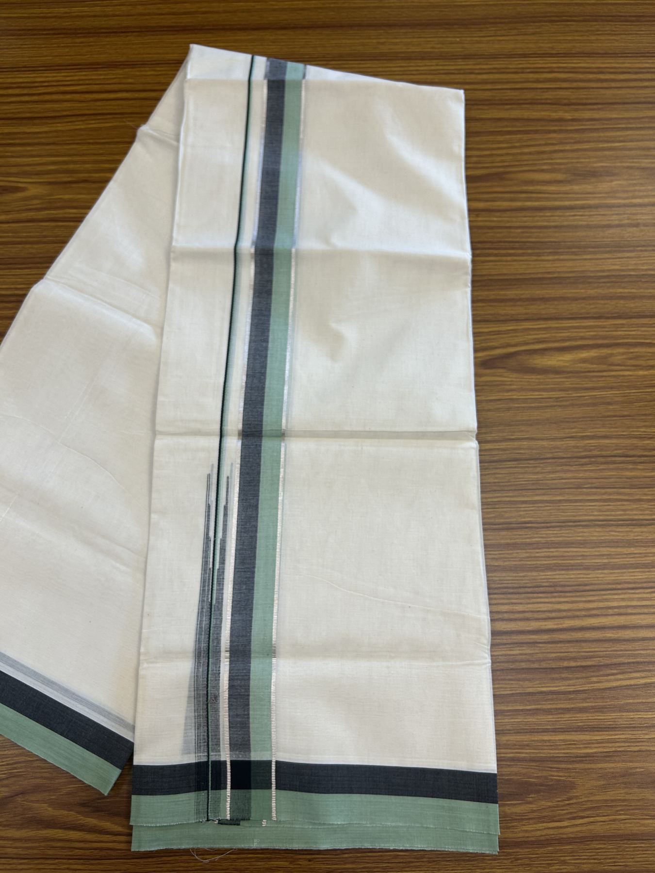 20% Discount ! Kaitharikada Balaramapuram 100% Pure Cotton Double Off white (Unbleached) Mundu/Dhoti - 100x80 - 1.25 inch Silver Kasav Black & Pista Green Shaded Stripes Chutty Kara 3.90 mtr (8 muzham) - 48 KK5313 PMC