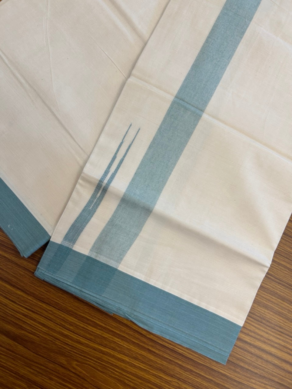 20% Discount ! KaithariKada Balaramapuram 100% Cotton Double OFF WHITE - (Unbleached) - Mundu / Dhoti- 100x80 -  1.5 inch Teal Green shaded striped chutty - 19 KK5280 VIN
