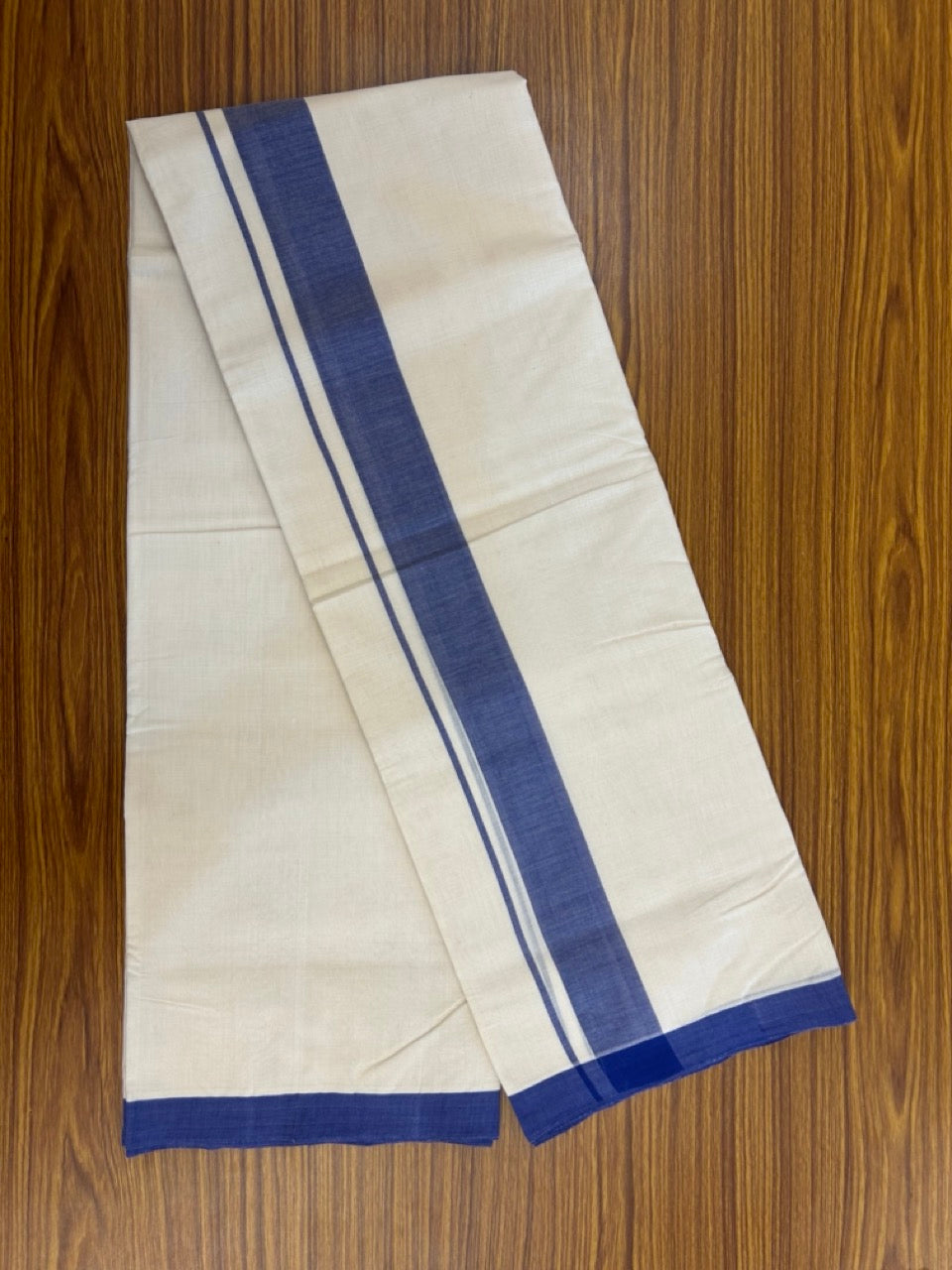 25% Discount! KaithariKada Handloom Millpaav Balaramapuram - Cotton Double Mundu/Dhoti Off white (Unbleached) - 80x90 - 1.75 inch Violet Blue Mulloth Kara 3.60 meter (8 Muzham) - 54 KK5256 RAM