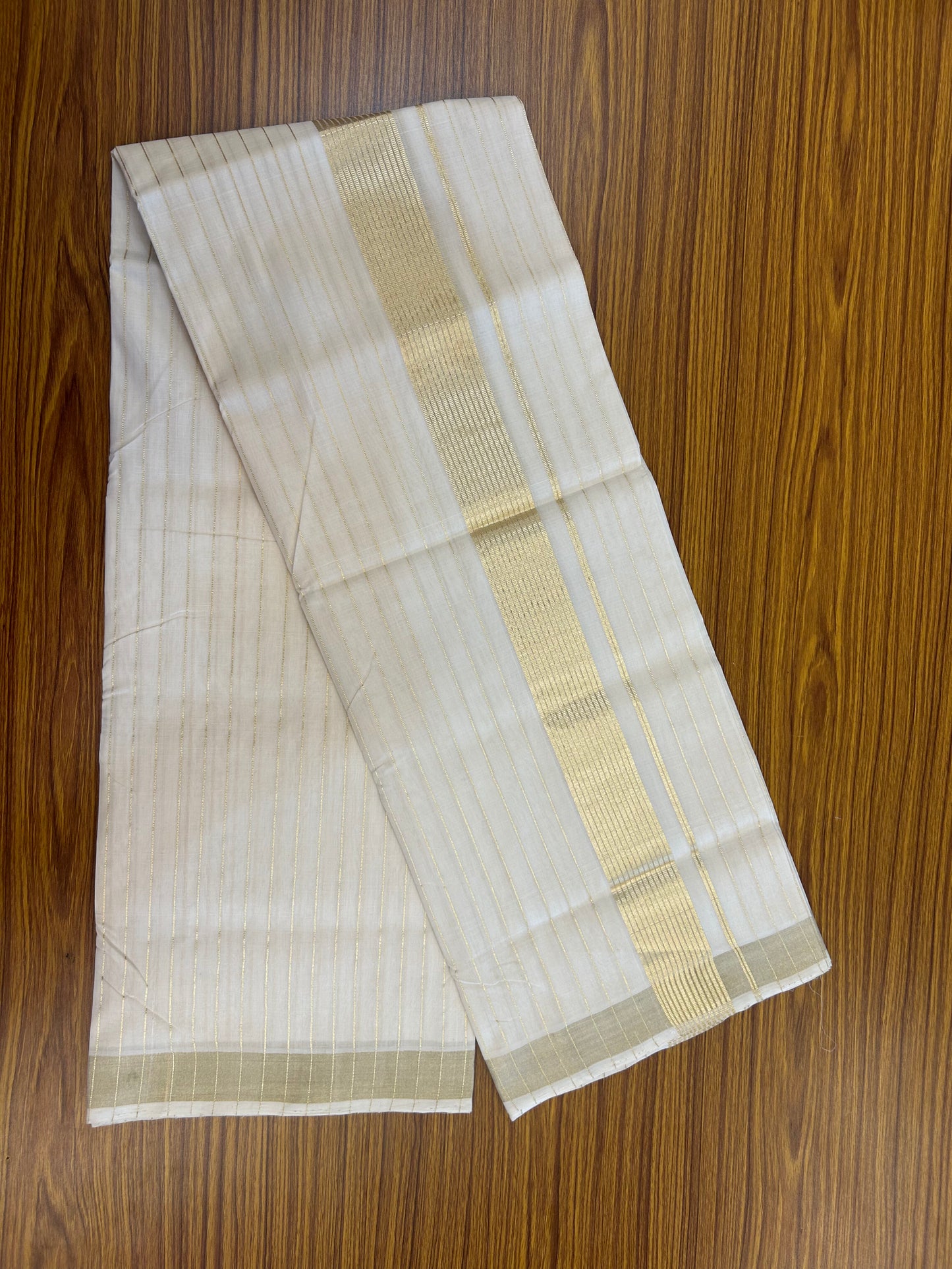 25% Discount ! KaithariKada Handloom Unakkupaav Kerala Handloom - 100% Pure Cotton Off White - (Unbleached) Double Mundu/Dhoti - 100x80 - 2 inch Gold Kasav Full Body Striped Kara 4 mtr (8.5 Muzham) - 11 KK5370 ABH