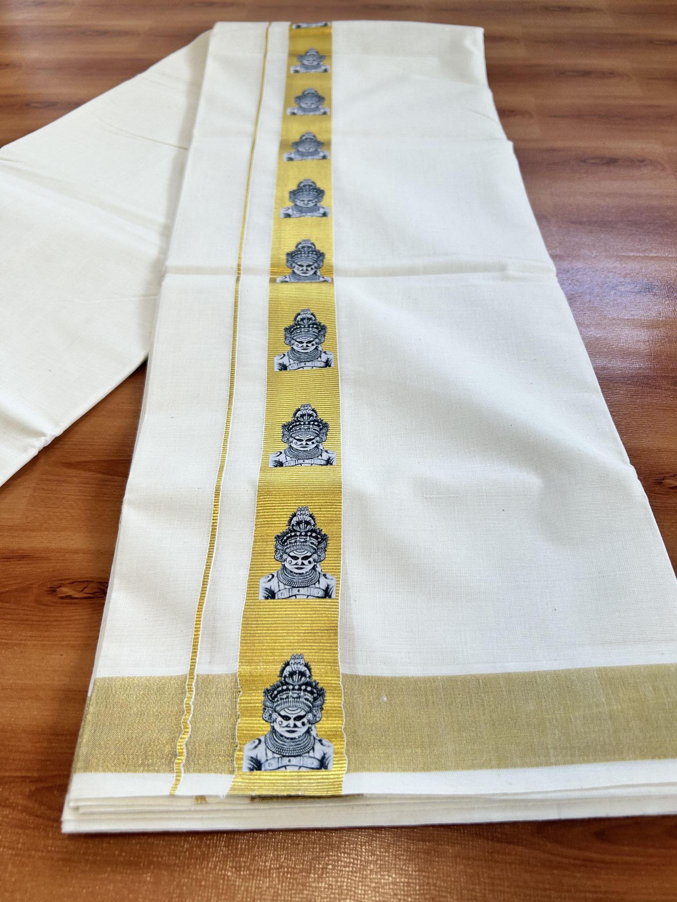 Double Off White - (Unbleached) Mundu/Dhoti- 20% Discount!! KaithariKada Balaramapuram 100% Cotton (60s) - 1.25 inch Gold Kasav Lord Muthappan Printed Kara - 11 KK5415 GAN