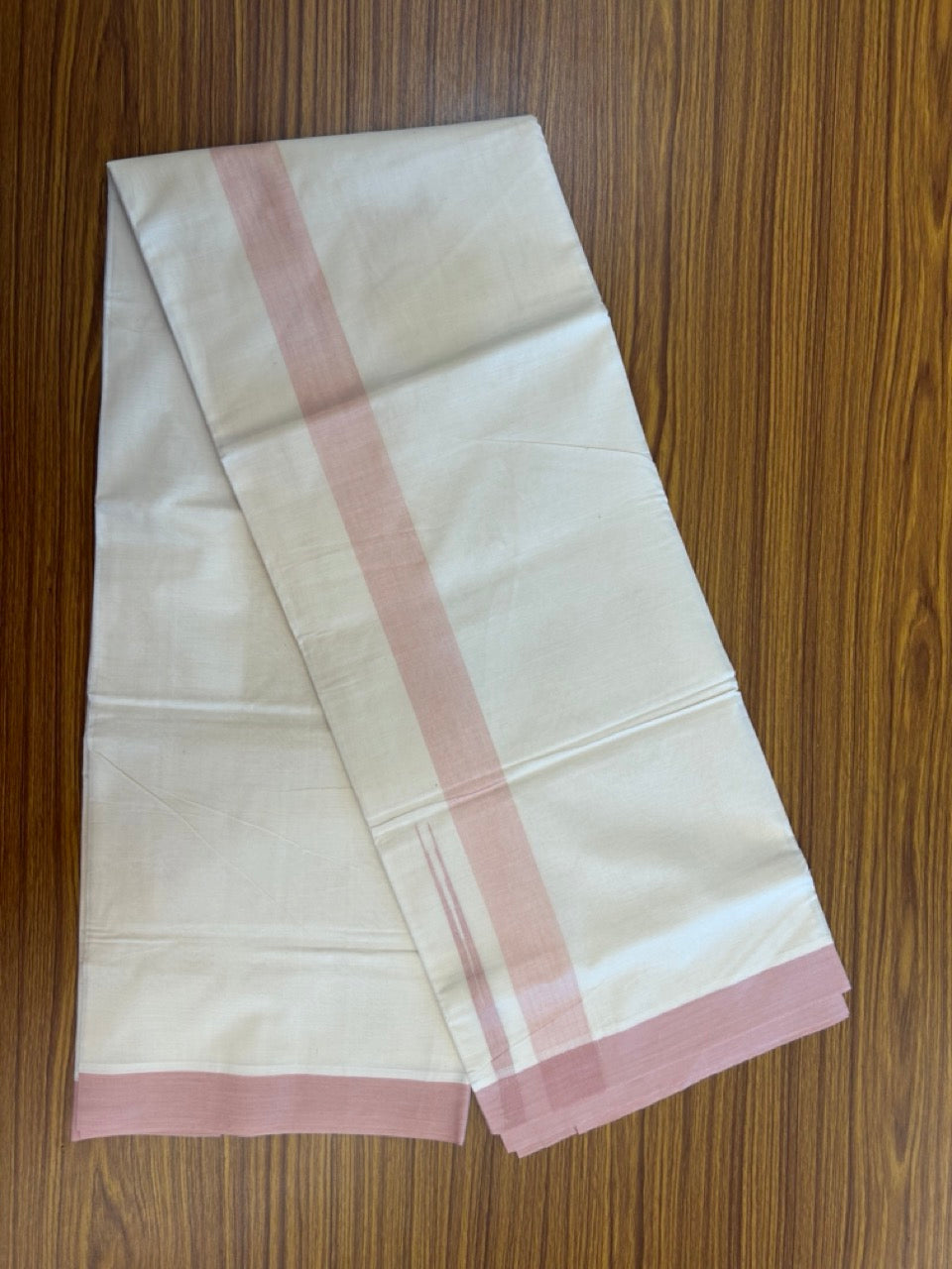 20% Discount ! KaithariKada Balaramapuram 100% Cotton Double OFF WHITE - (Unbleached) - Mundu / Dhoti- 100x80 -  1.5 inch Light Peach shaded striped chutty - 18 KK5280 VIN