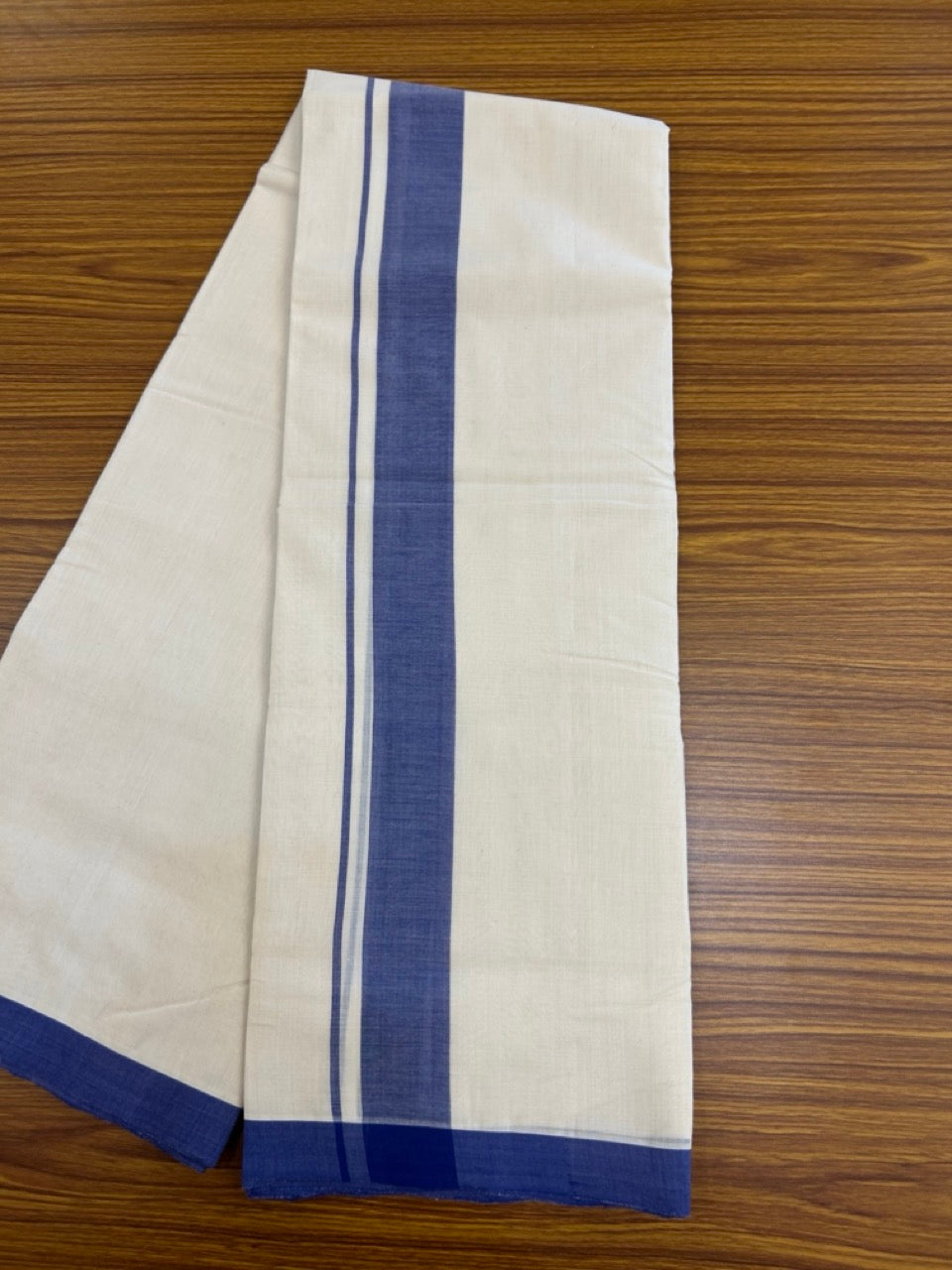 25% Discount! KaithariKada Handloom Millpaav Balaramapuram - Cotton Double Mundu/Dhoti Off white (Unbleached) - 80x90 - 1.75 inch Violet Blue Mulloth Kara 3.60 meter (8 Muzham) - 54 KK5256 RAM