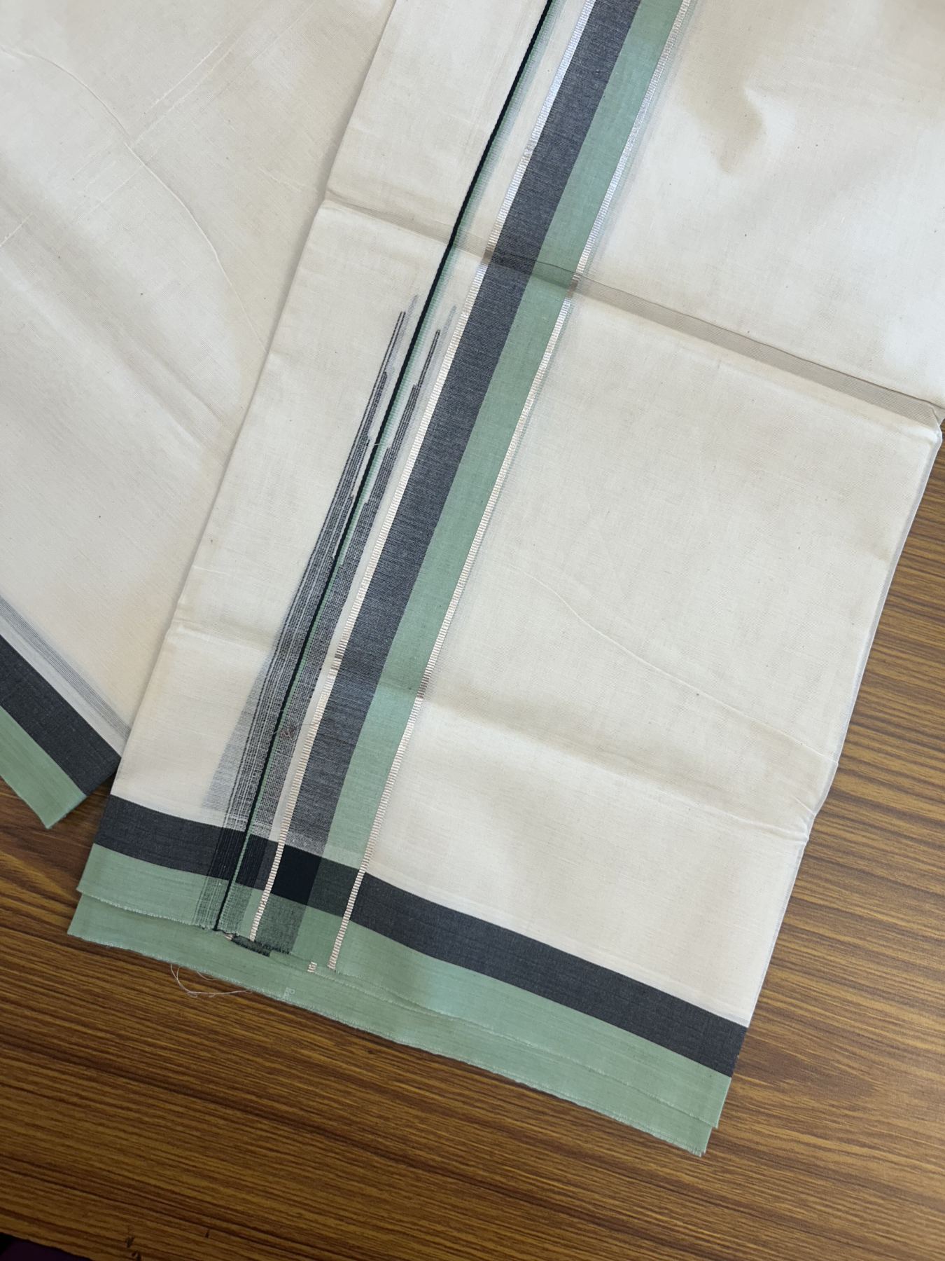20% Discount ! Kaitharikada Balaramapuram 100% Pure Cotton Double Off white (Unbleached) Mundu/Dhoti - 100x80 - 1.25 inch Silver Kasav Black & Pista Green Shaded Stripes Chutty Kara 3.90 mtr (8 muzham) - 48 KK5313 PMC