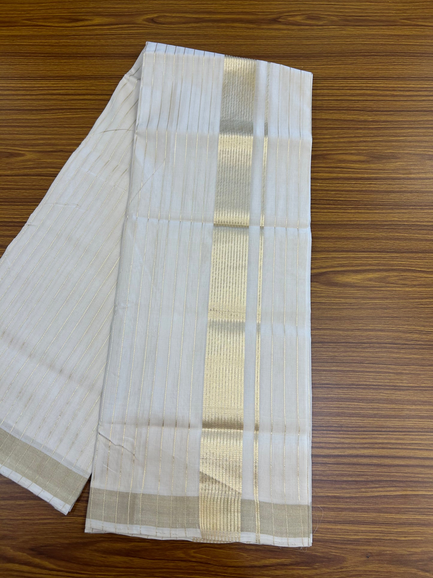 25% Discount ! KaithariKada Handloom Unakkupaav Kerala Handloom - 100% Pure Cotton Off White - (Unbleached) Double Mundu/Dhoti - 100x80 - 2 inch Gold Kasav Full Body Striped Kara 4 mtr (8.5 Muzham) - 11 KK5370 ABH