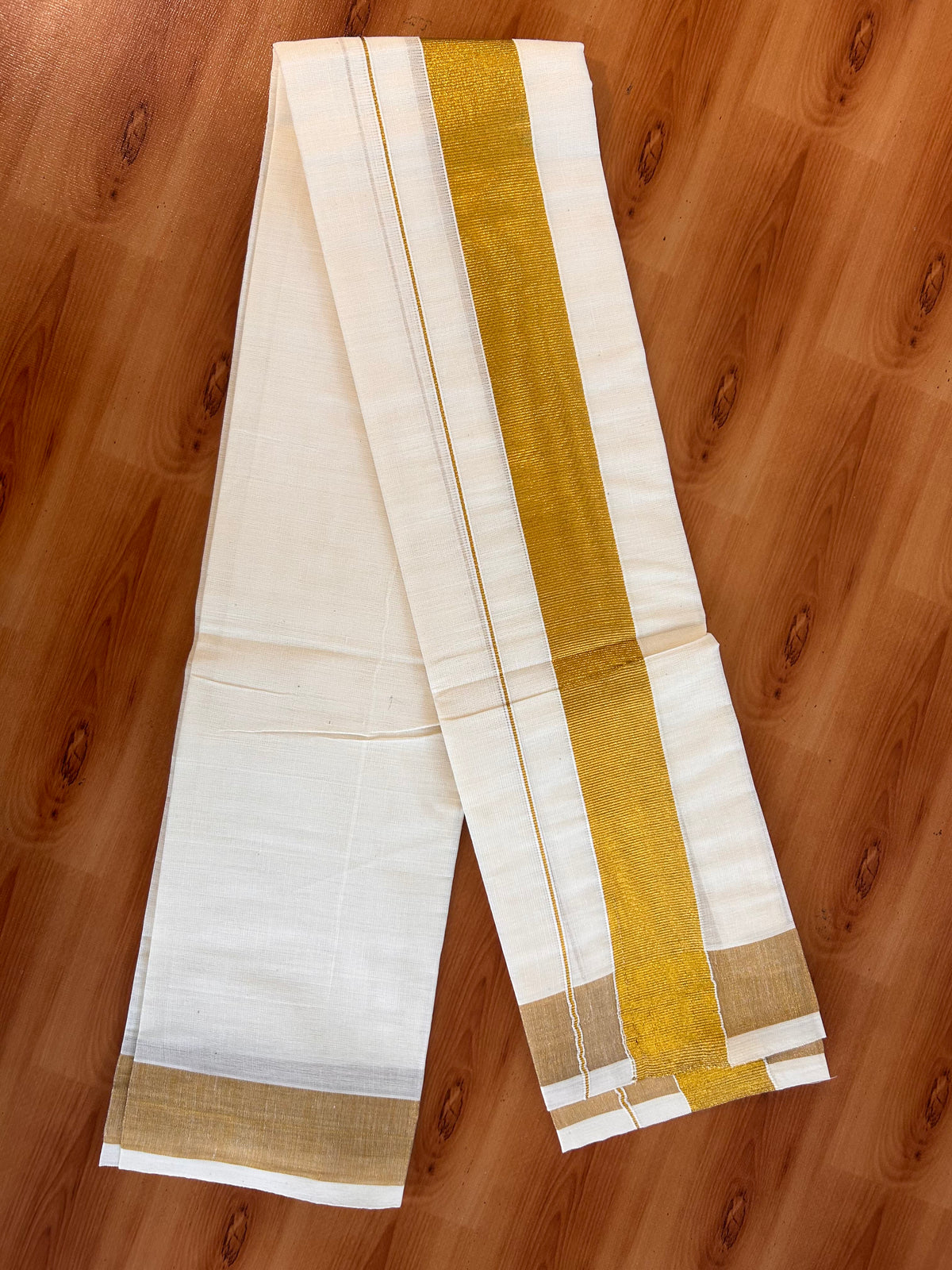 Neriyath Off White  (Unbleached) - KaithariKada -  60s Mixed Cotton - 1.5 Inch Gold Kasavu Kara - 1.70 mtr (3.64 muzham)- 6 KK5536 PMC