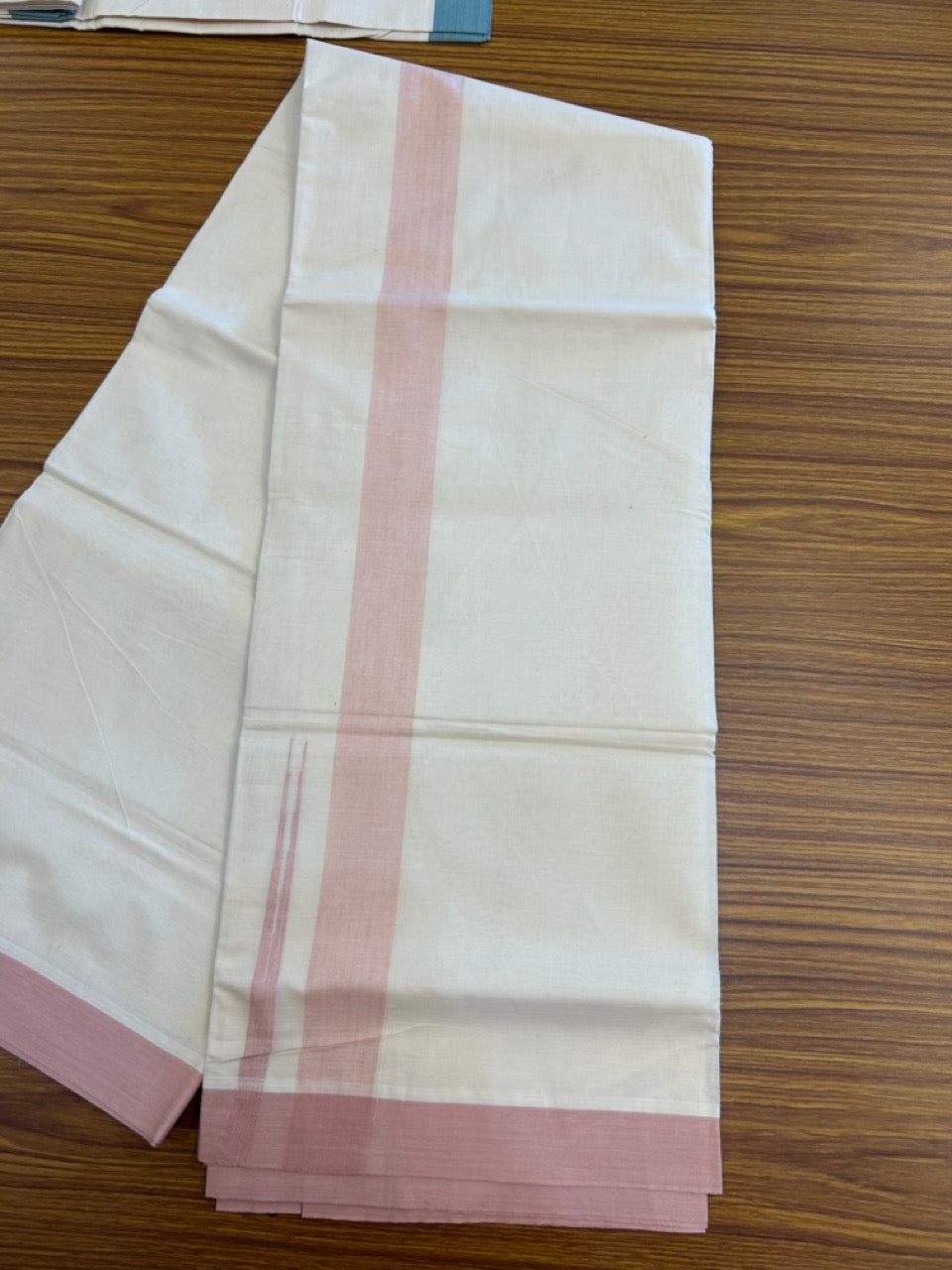 20% Discount ! KaithariKada Balaramapuram 100% Cotton Double OFF WHITE - (Unbleached) - Mundu / Dhoti- 100x80 -  1.5 inch Light Peach shaded striped chutty - 18 KK5280 VIN