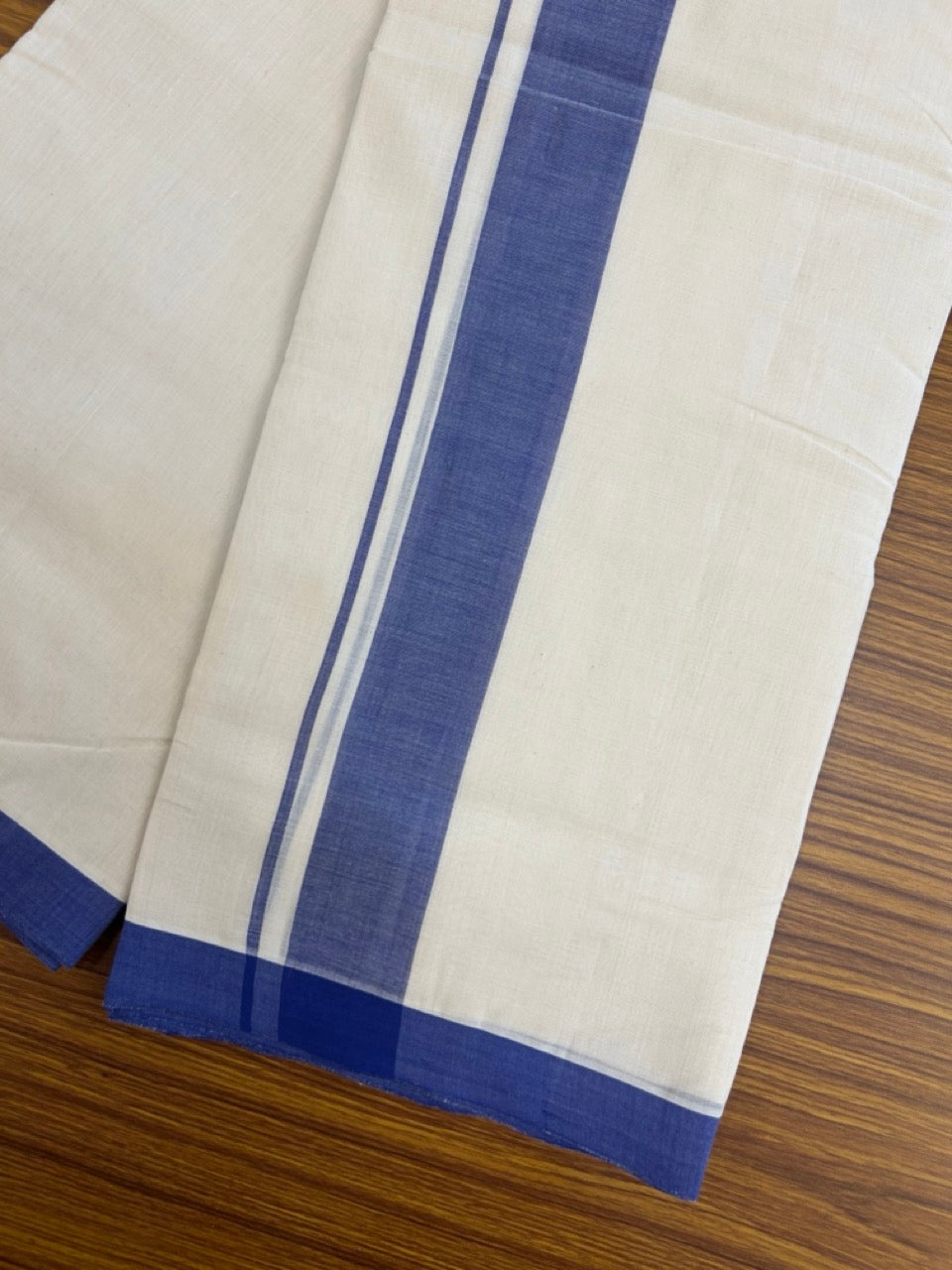 25% Discount! KaithariKada Handloom Millpaav Balaramapuram - Cotton Double Mundu/Dhoti Off white (Unbleached) - 80x90 - 1.75 inch Violet Blue Mulloth Kara 3.60 meter (8 Muzham) - 54 KK5256 RAM