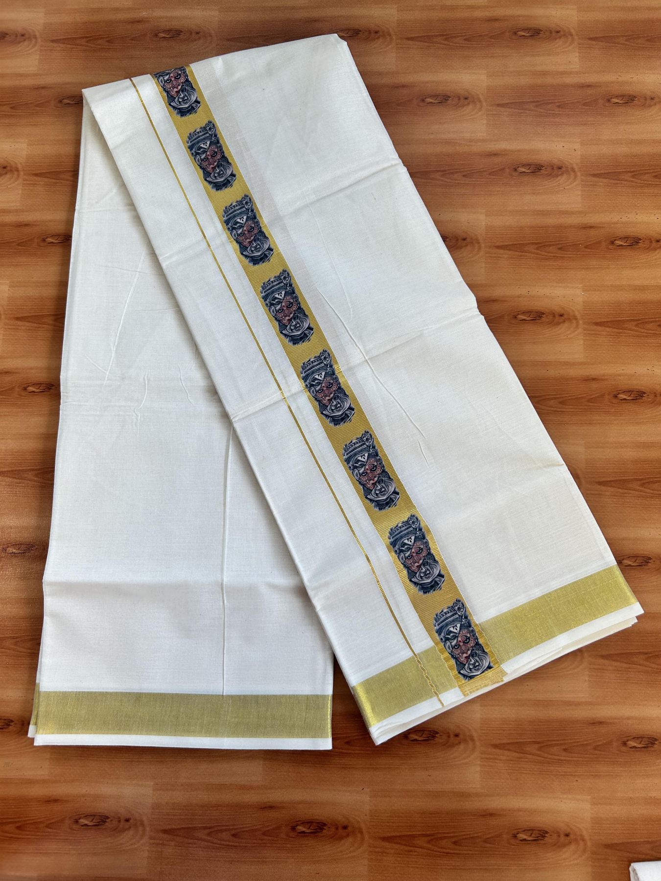 Double Off White - (Unbleached) Mundu/Dhoti- 20% Discount!! KaithariKada Balaramapuram 100% Cotton (60s) - 1.25 inch Gold Kasav Kathakali & Theyyam Printed Kara - 12 KK5415 GAN
