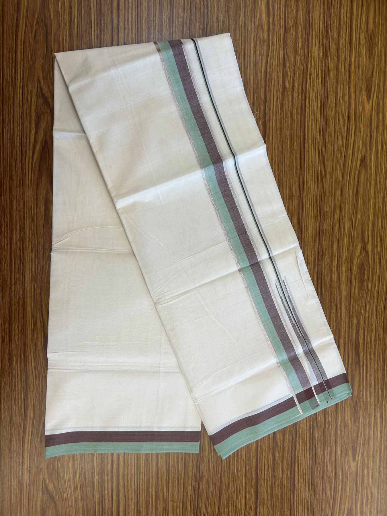 20% Discount ! Kaitharikada Balaramapuram 100% Pure Cotton Double Off white (Unbleached) Mundu/Dhoti - 100x80 - 1.5 inch Silver Kasav Brown & Pista Green Shaded Stripes Chutty Kara 3.90 mtr (8 muzham) - 49 KK5313 PMC