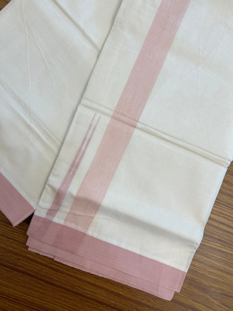 20% Discount ! KaithariKada Balaramapuram 100% Cotton Double OFF WHITE - (Unbleached) - Mundu / Dhoti- 100x80 -  1.5 inch Light Peach shaded striped chutty - 18 KK5280 VIN