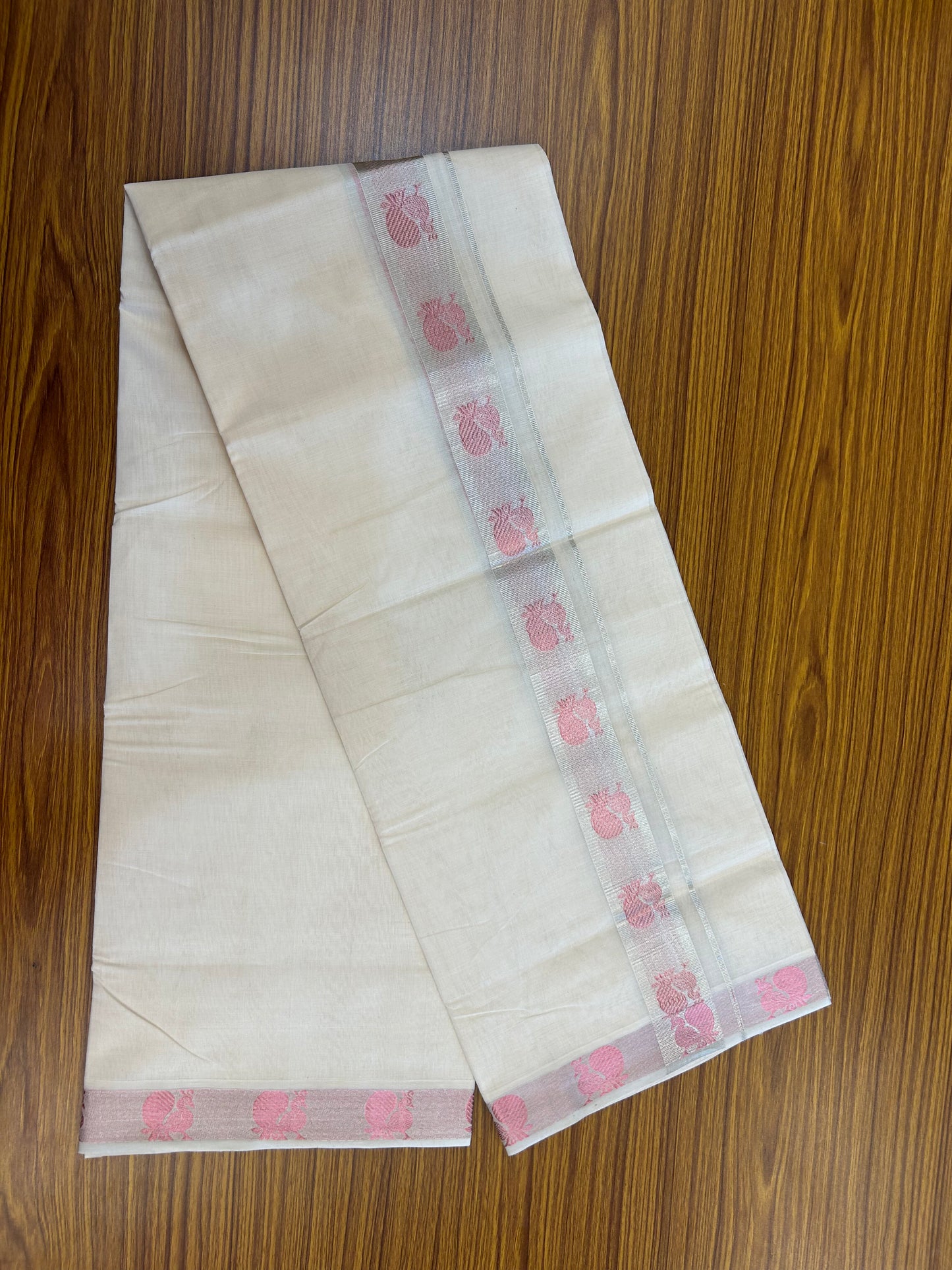 25% Discount ! KaithariKada Handloom Unakkupaav Kerala Handloom - 100% Pure Cotton Off White (Unbleached) Double Mundu/Dhoti - 100x80 - 1.75 Inch Silver kasav & Rose Gold Peacock Jaquard Design Kara 4 mtr (8.5 muzham) - 4 KK5370 ABH