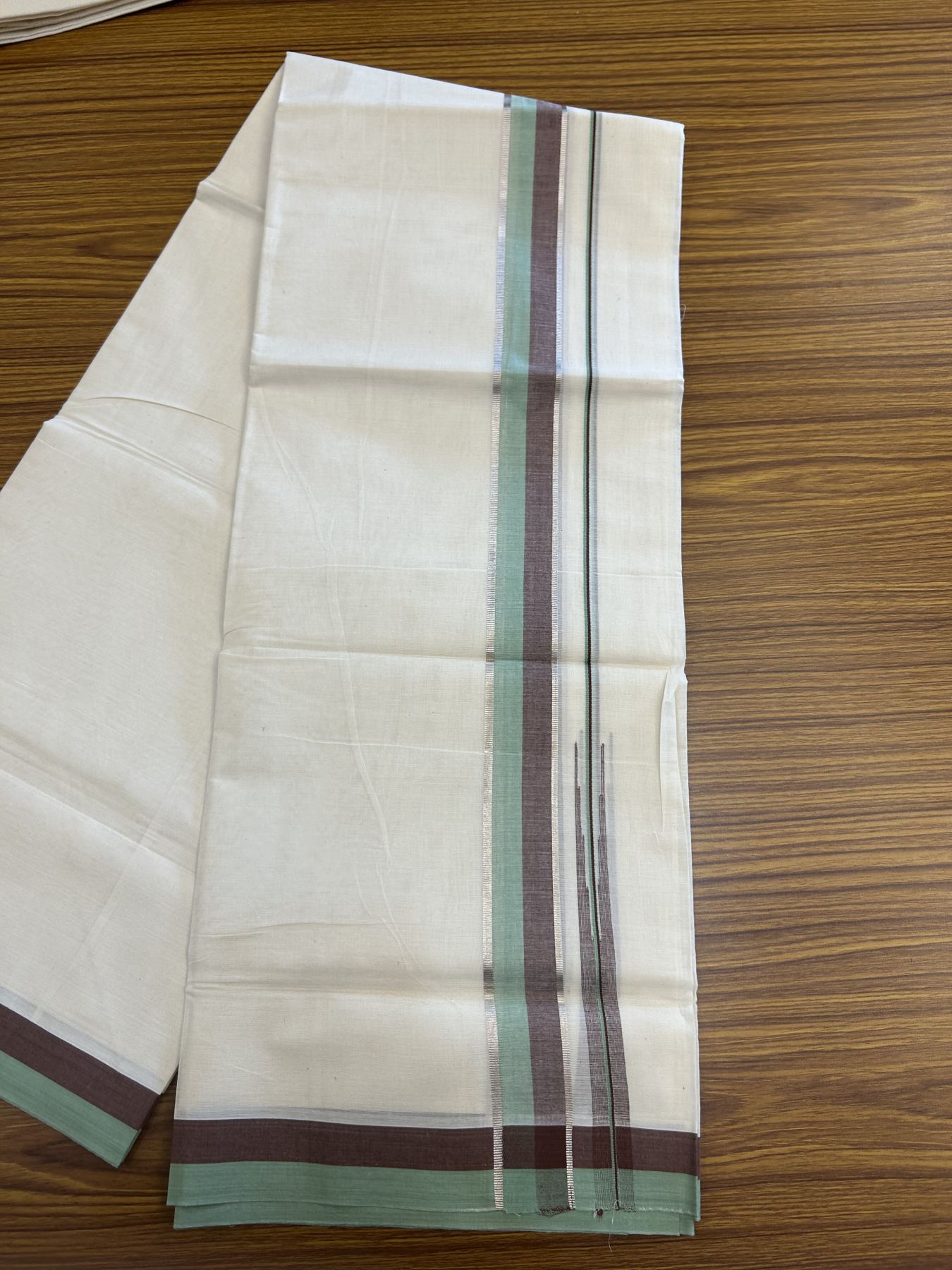 20% Discount ! Kaitharikada Balaramapuram 100% Pure Cotton Double Off white (Unbleached) Mundu/Dhoti - 100x80 - 1.5 inch Silver Kasav Brown & Pista Green Shaded Stripes Chutty Kara 3.90 mtr (8 muzham) - 49 KK5313 PMC